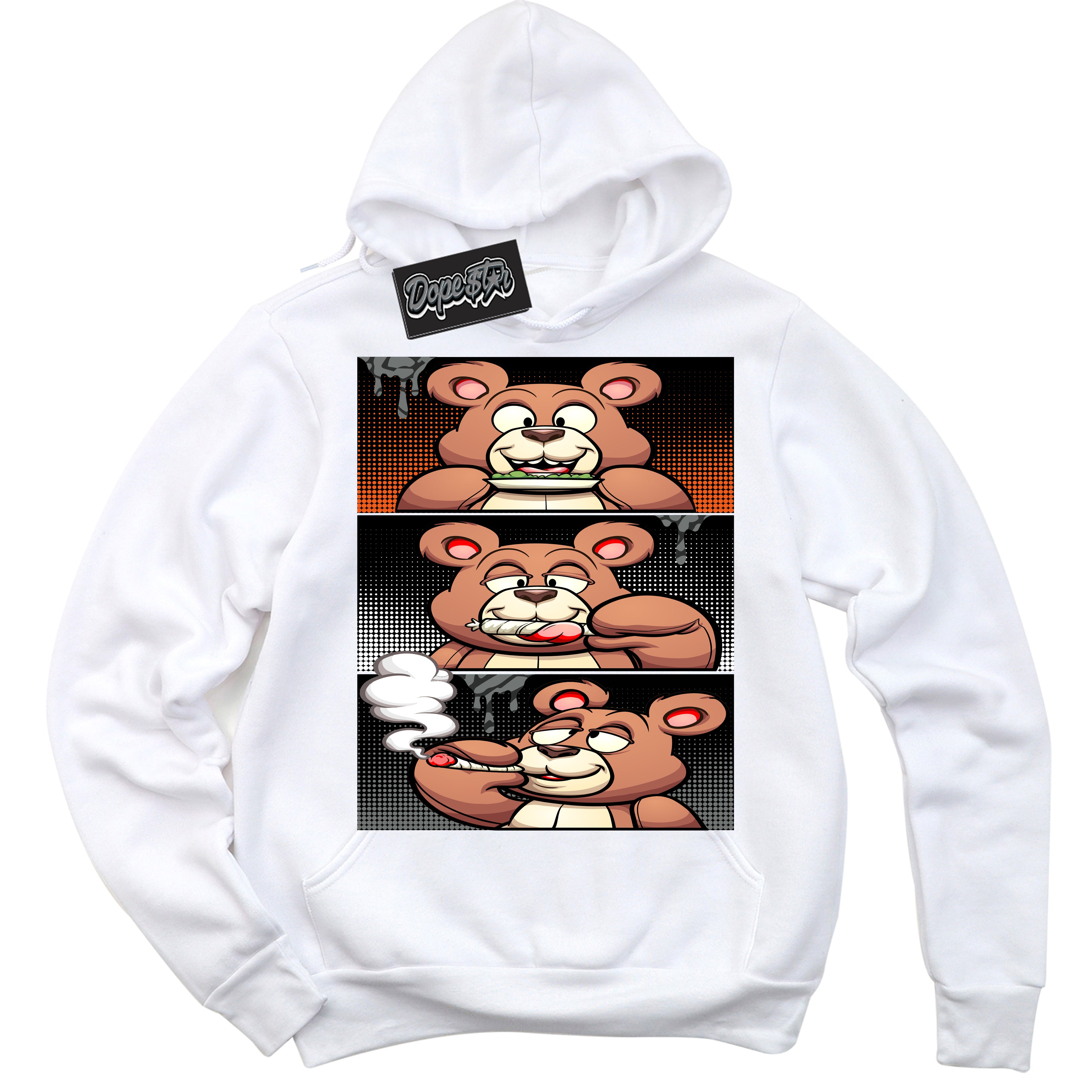 Cool White Graphic DopeStar Hoodie with “  Roll It Lick It Smoke It Bear “ print, that perfectly matches Fear Pack 3s sneakers