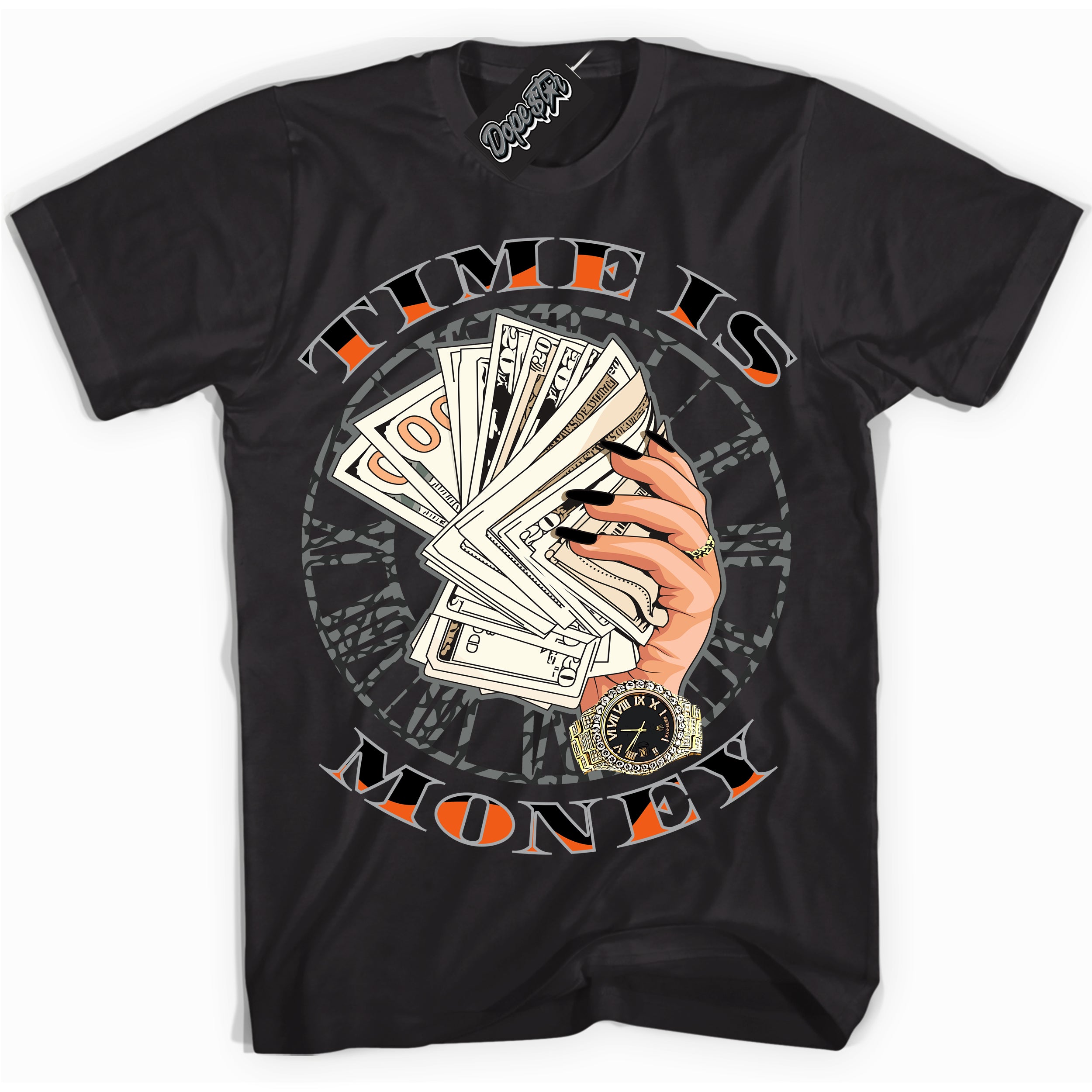 Cool Black graphic tee with “ Time Is Money ” design, that perfectly matches Fear Pack 3s sneakers 