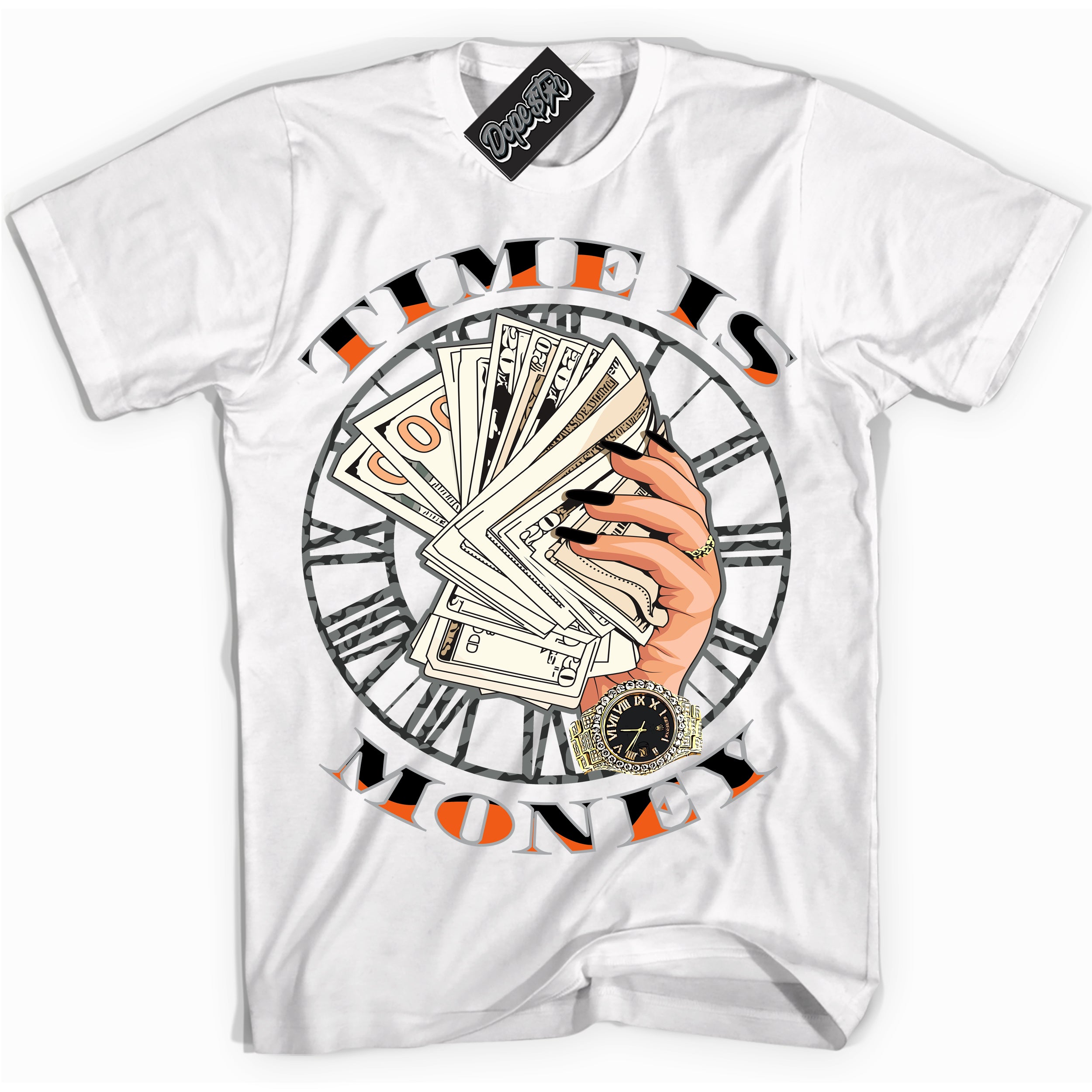 Cool White graphic tee with “ Time Is Money ” design, that perfectly matches Fear Pack 3s sneakers 