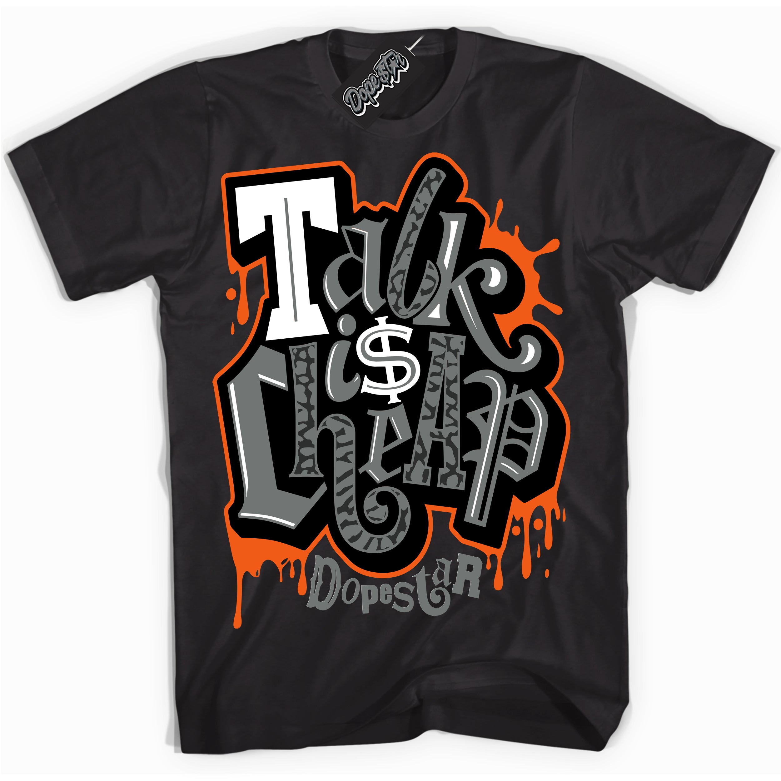 Cool Black graphic tee with “ Talk Is Cheap ” design, that perfectly matches Fear Pack 3s sneakers 