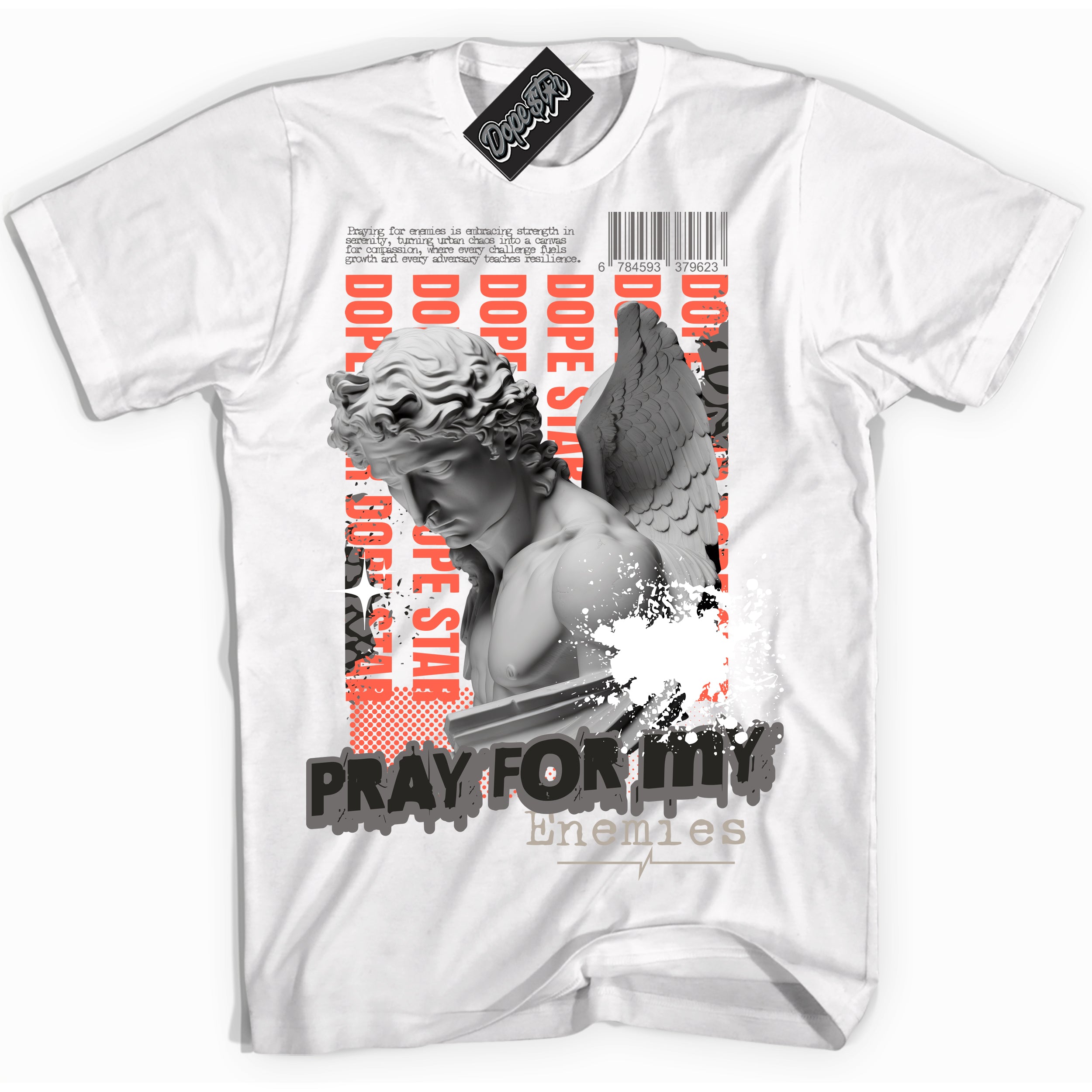 Cool White Shirt with “ Pray Enemies” design that perfectly matches Georgia Peach 3s Sneakers.