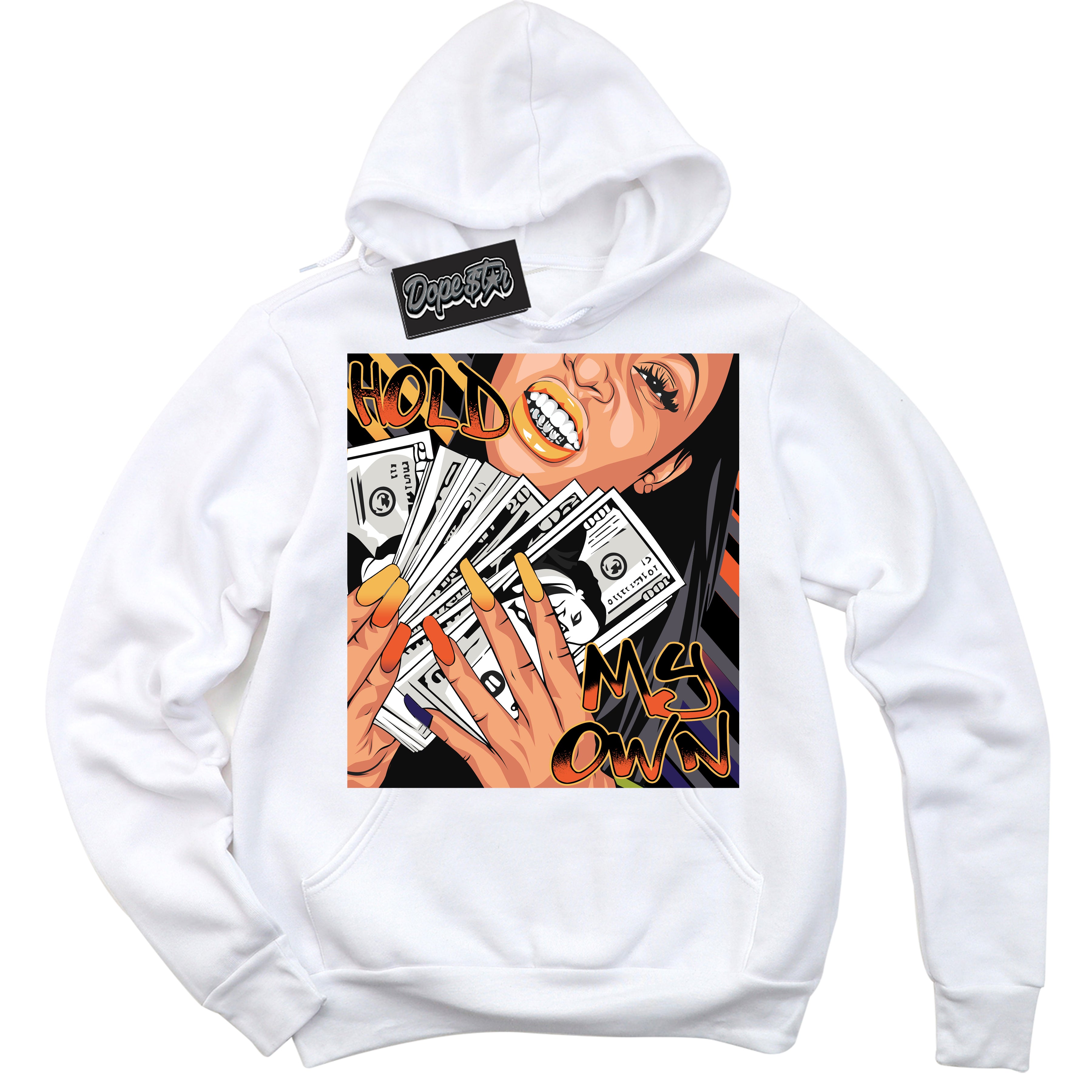 Cool White Hoodie with “ Hold My Own ”  design that Perfectly Matches J Balvin Rio 3s Sneakers.