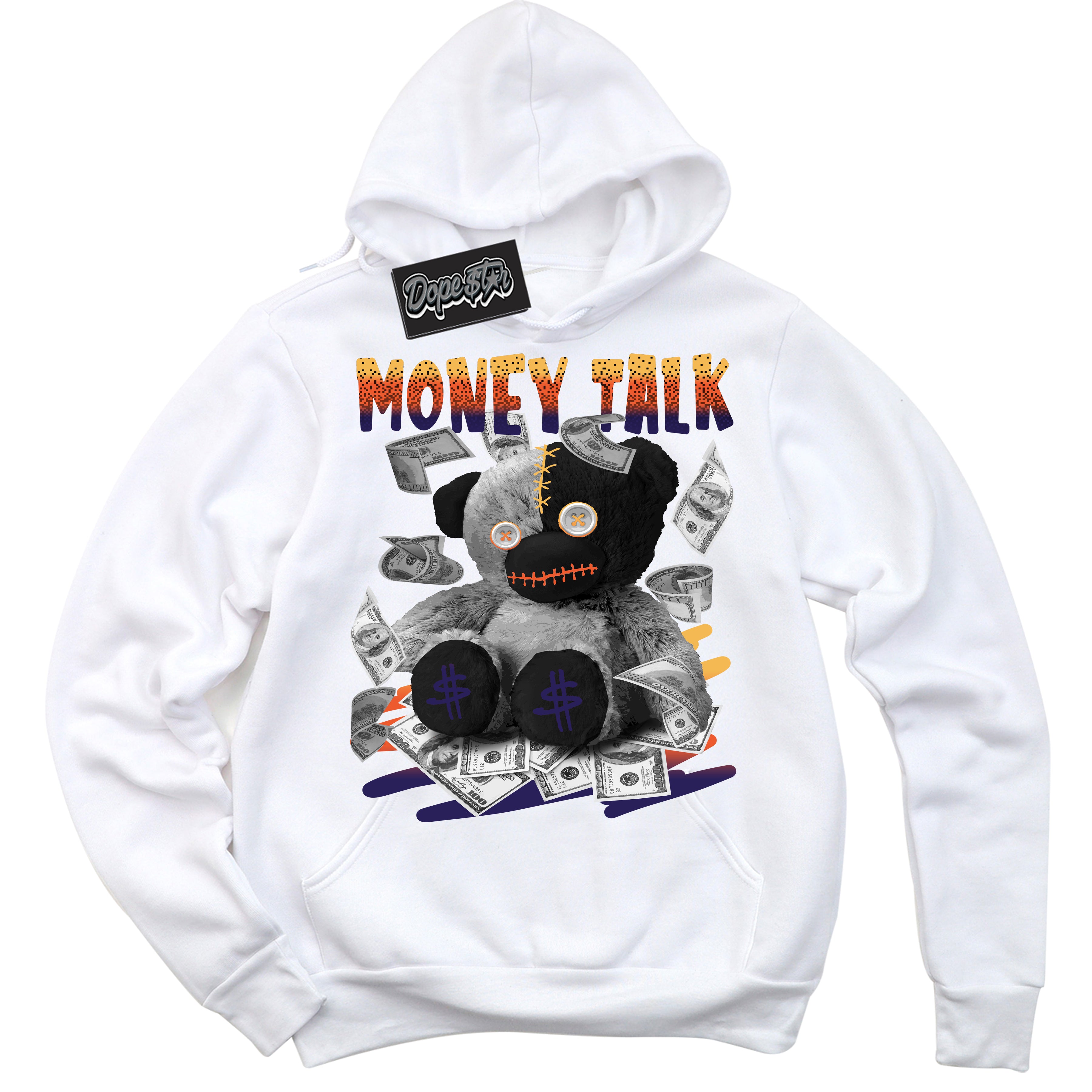 Cool White Hoodie with “ Money Talk Bear ”  design that Perfectly Matches J Balvin Rio 3s Sneakers.