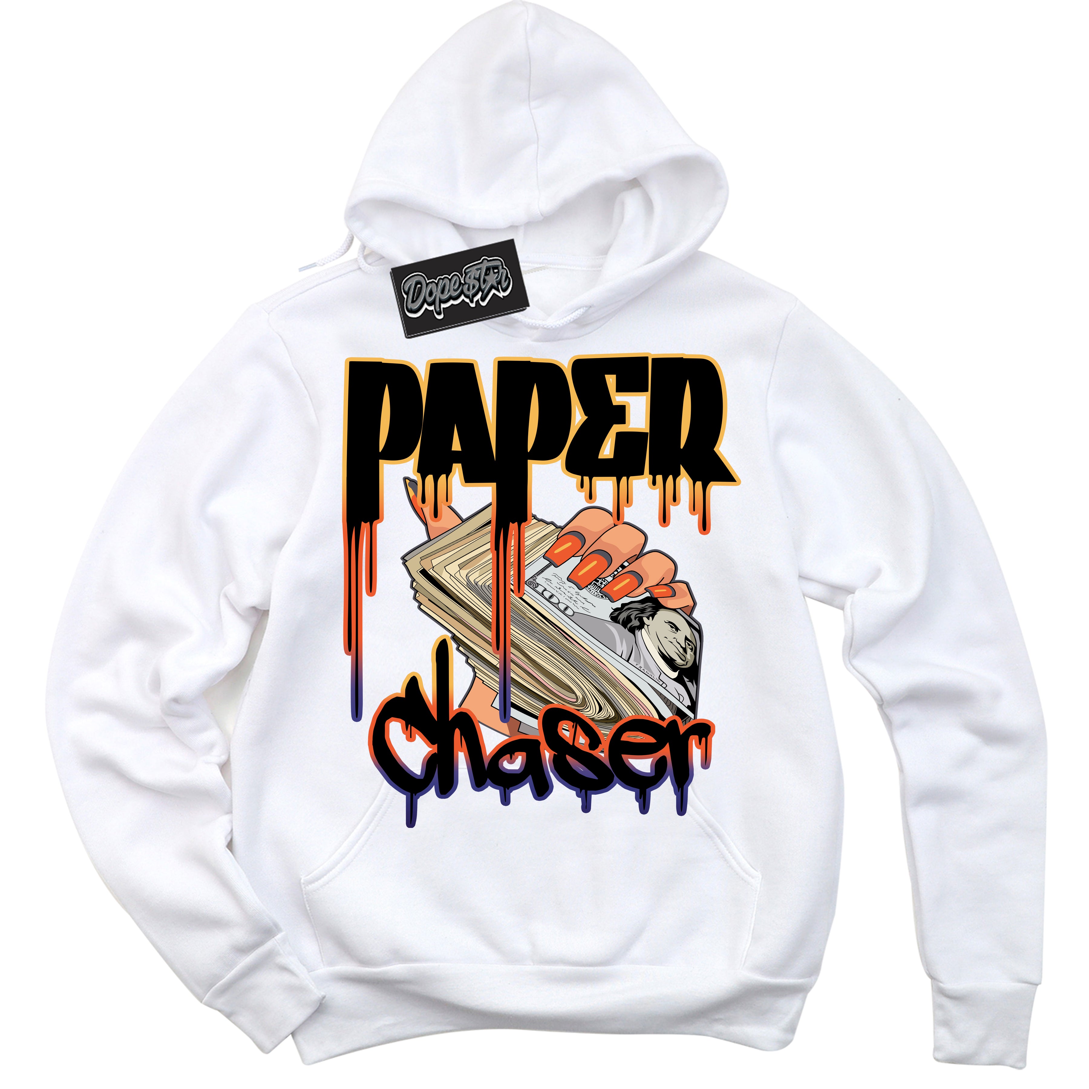 Cool White Hoodie with “ Paper Chaser ”  design that Perfectly Matches J Balvin Rio 3s Sneakers.