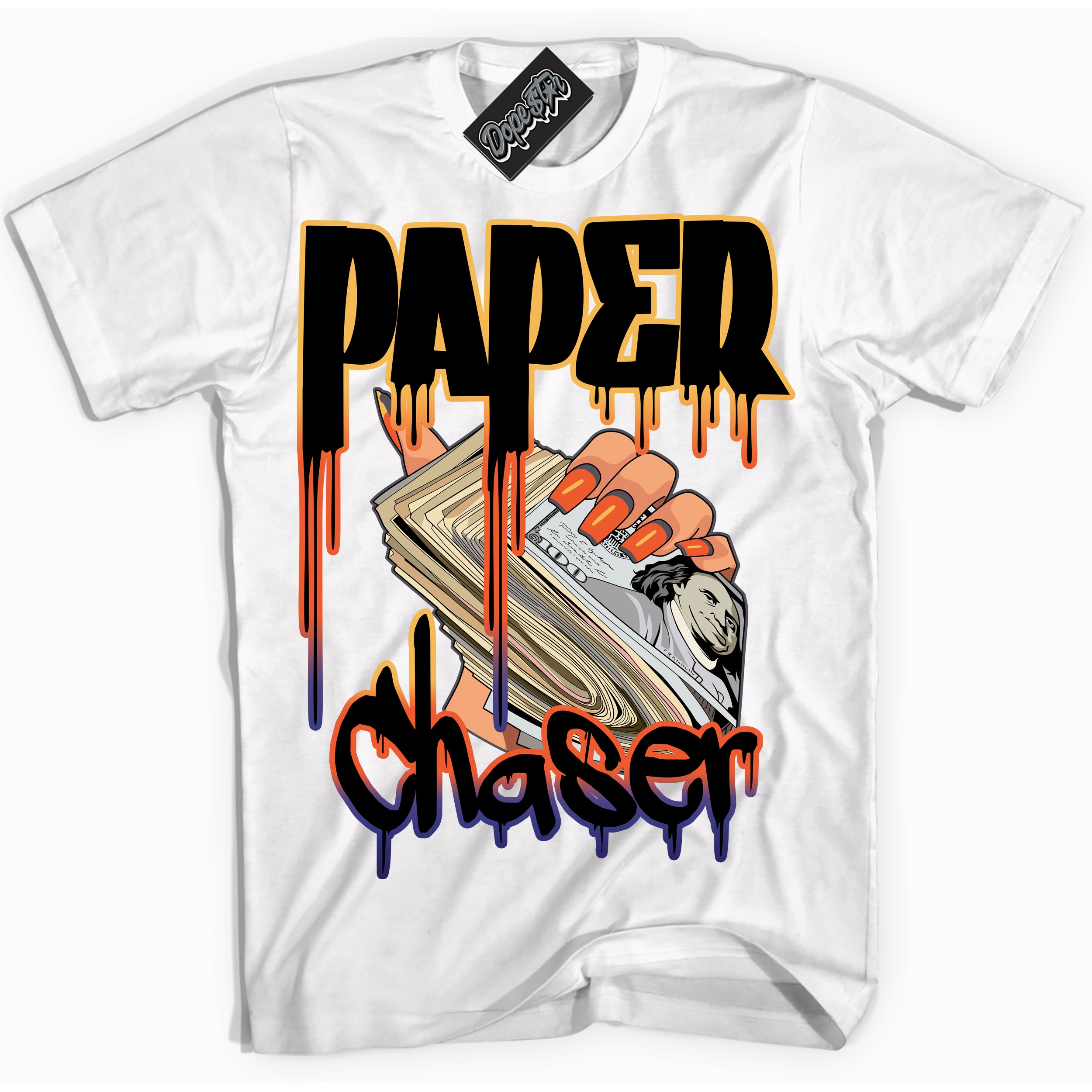 Cool White Shirt with “ Paper Chaser” design that perfectly matches J Balvin Rio 3s Sneakers.