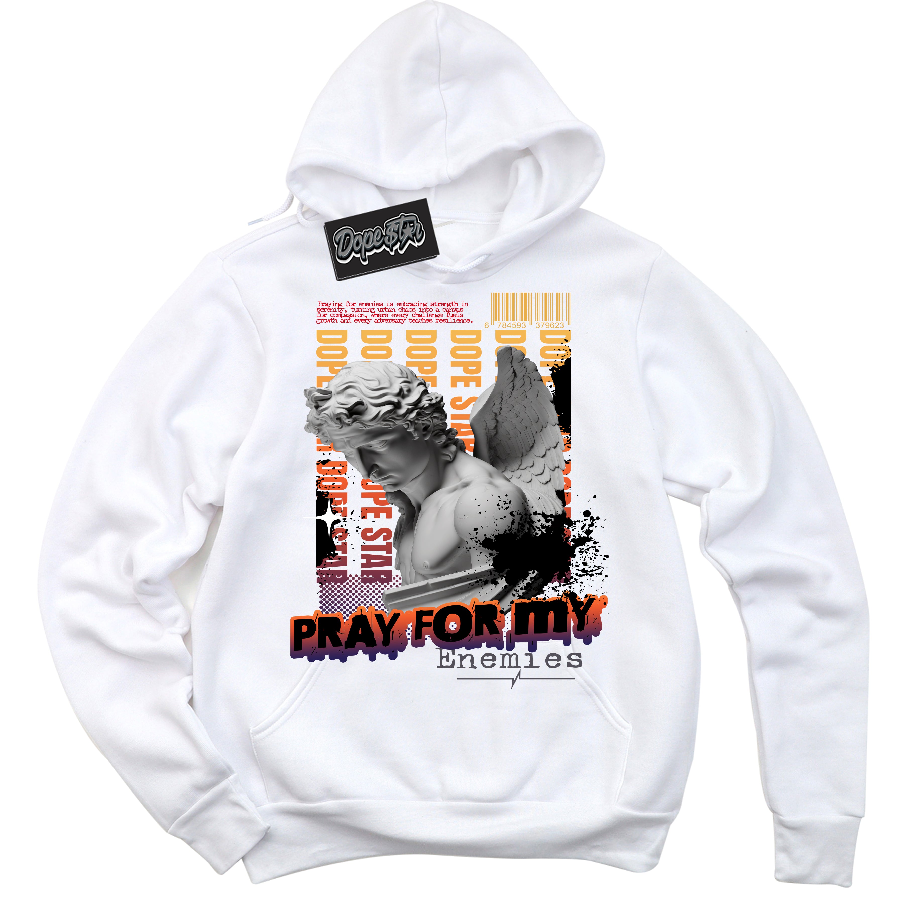 Cool White Hoodie with “ Pray Enemies ”  design that Perfectly Matches J Balvin Rio 3s Sneakers.