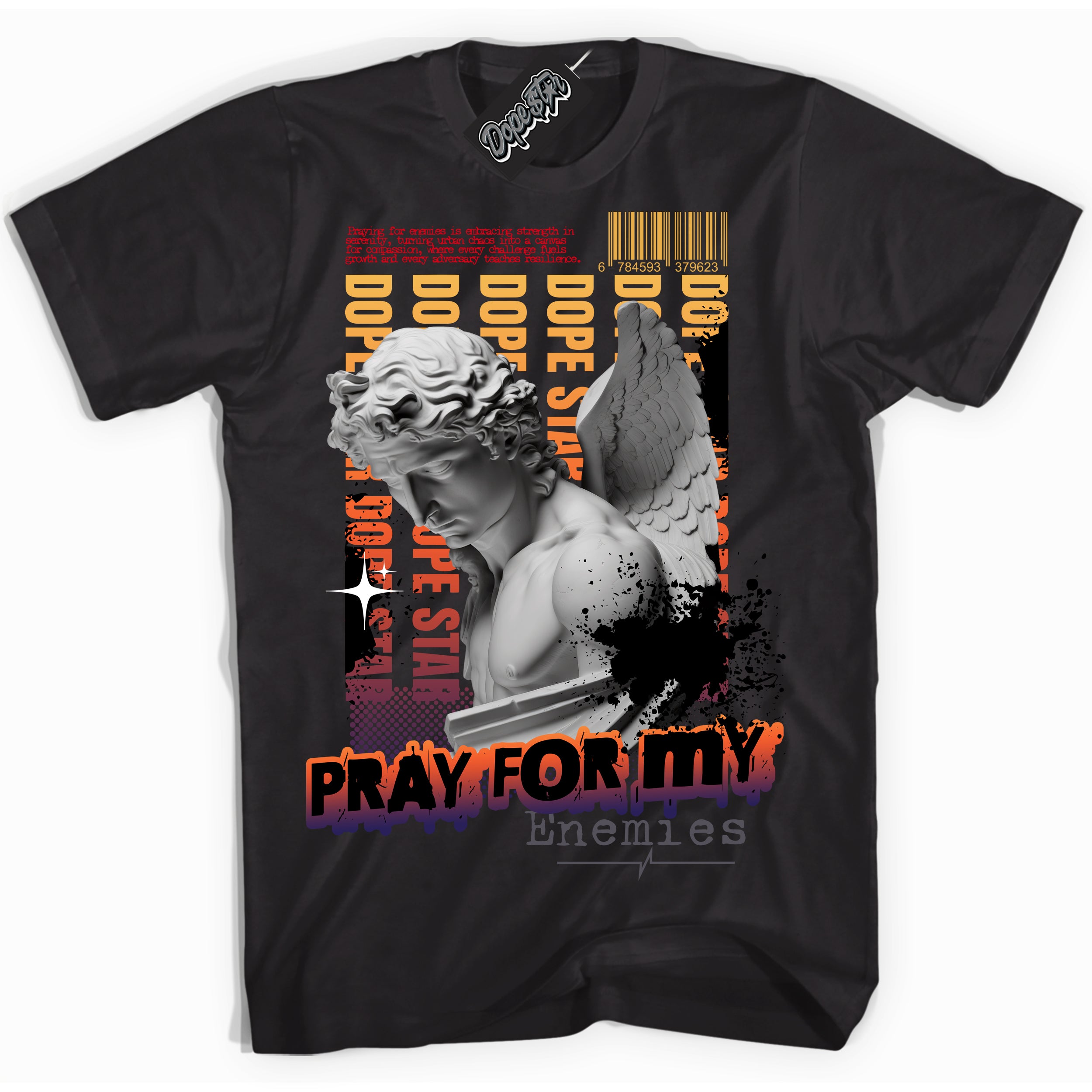 Cool Black Shirt with “ Pray Enemies” design that perfectly matches J Balvin Rio 3s Sneakers.