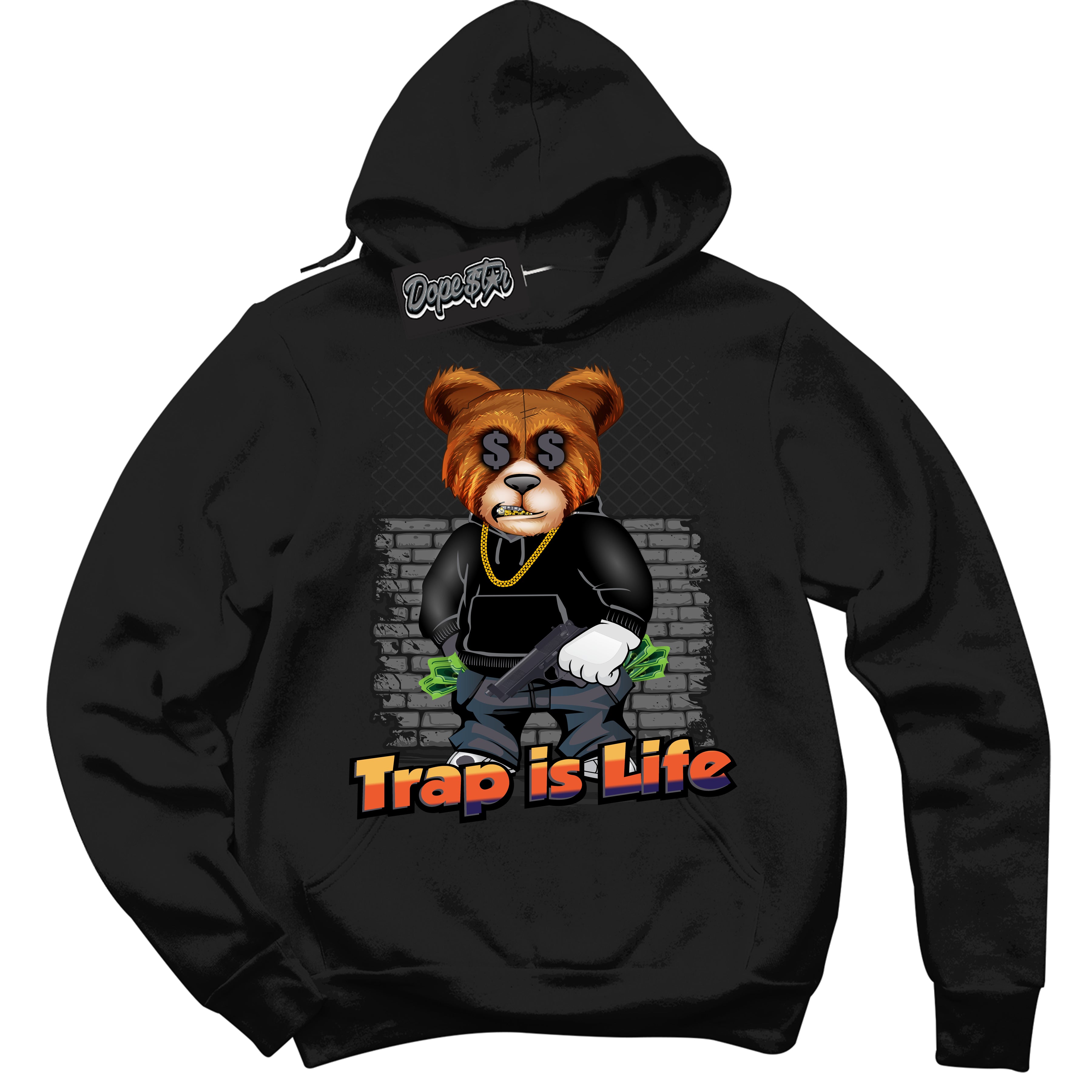 Cool Black Hoodie with “ Trap Is Life ”  design that Perfectly Matches J Balvin Rio 3s Sneakers.