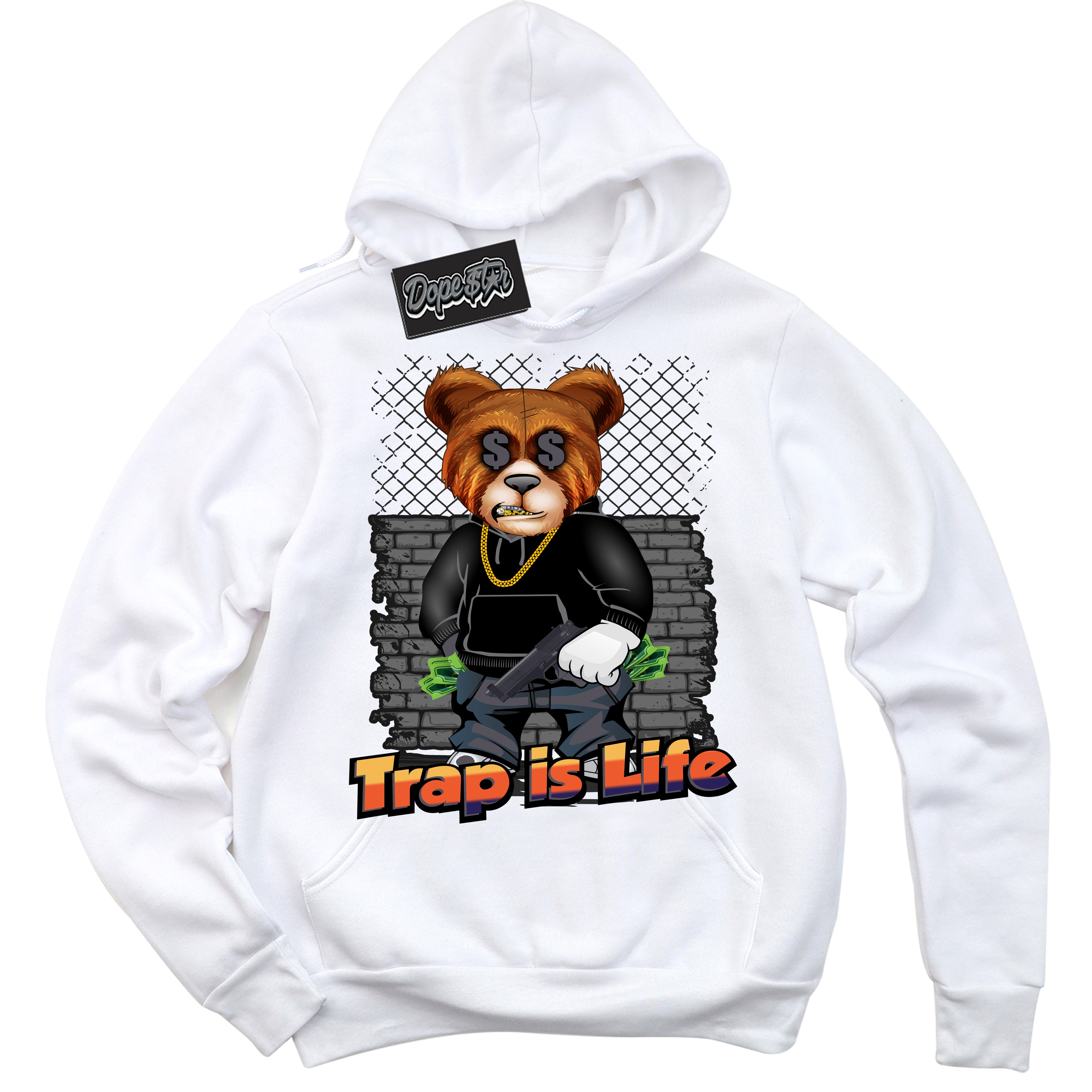 Cool White Hoodie with “ Trap Is Life ”  design that Perfectly Matches J Balvin Rio 3s Sneakers.