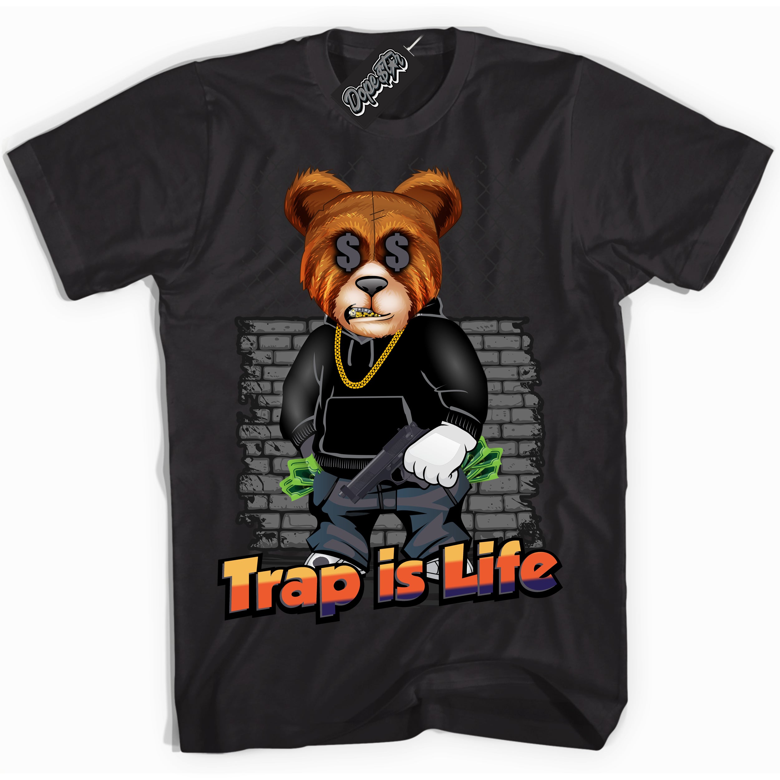 Cool Black Shirt with “ Trap Is Life” design that perfectly matches J Balvin Rio 3s Sneakers.