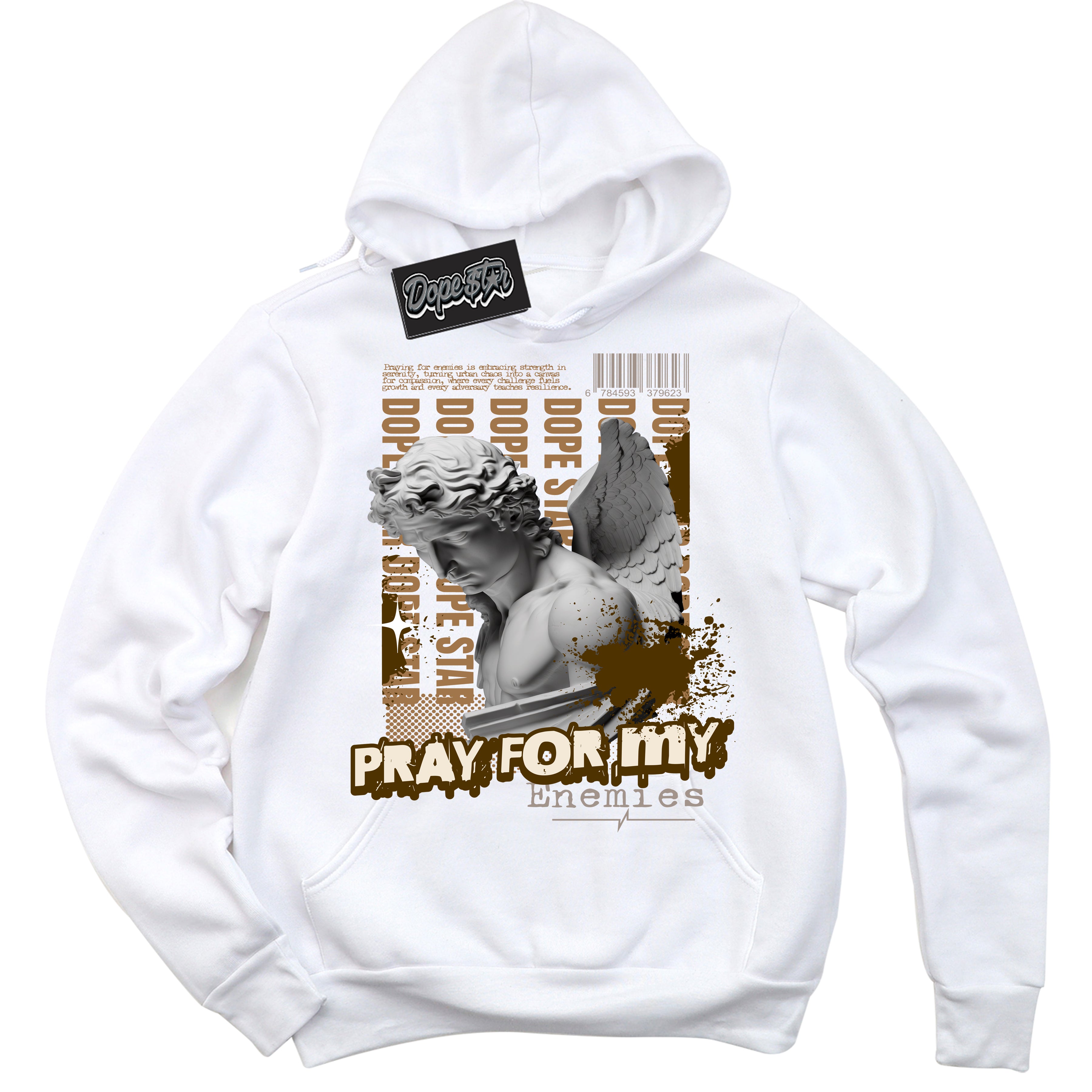 Cool White Hoodie with “ Pray Enemies ”  design that Perfectly Matches Palomino 3s Sneakers.