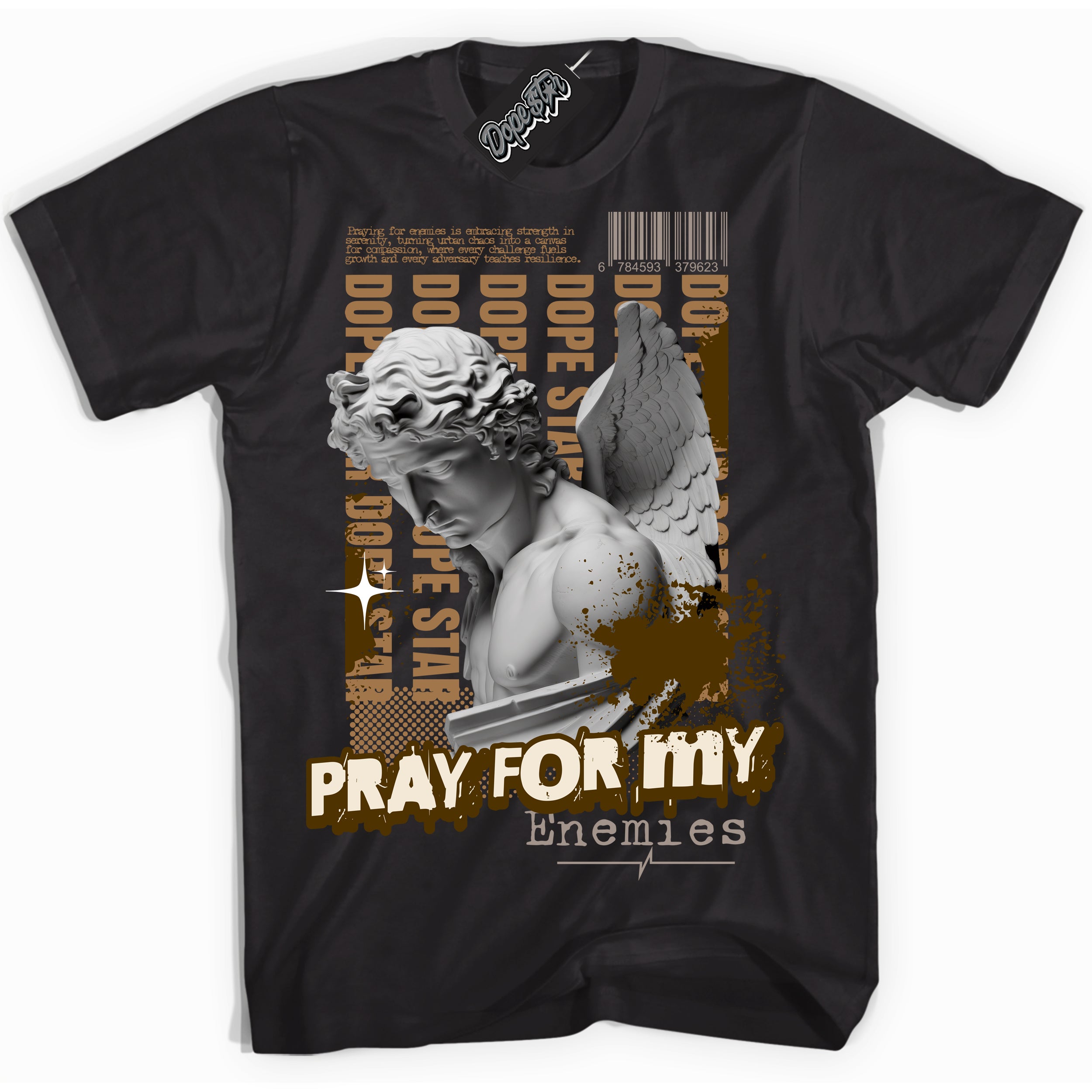 Cool Black Shirt with “ Pray Enemies” design that perfectly matches Palomino 3s Sneakers.