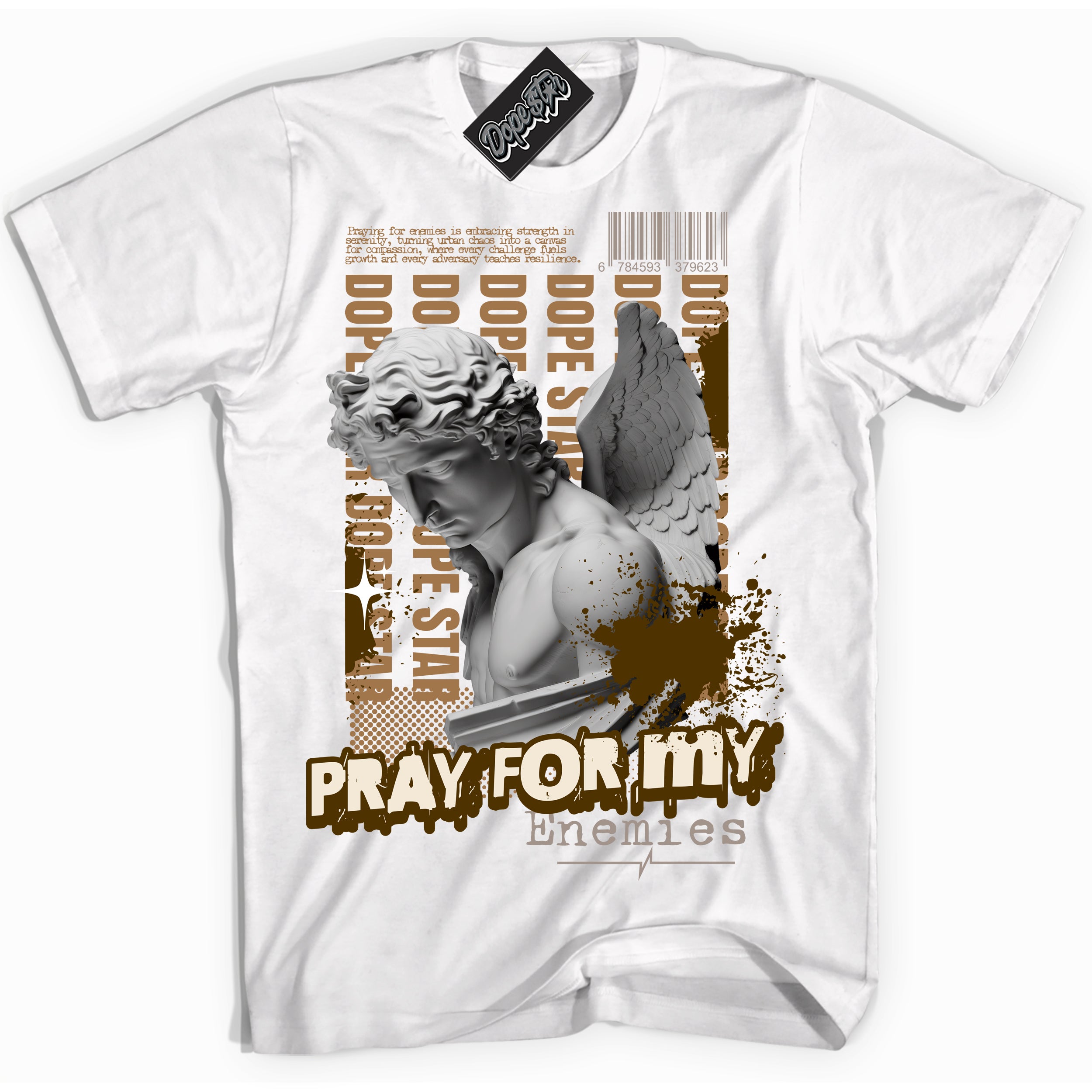 Cool White Shirt with “ Pray Enemies” design that perfectly matches Palomino 3s Sneakers.