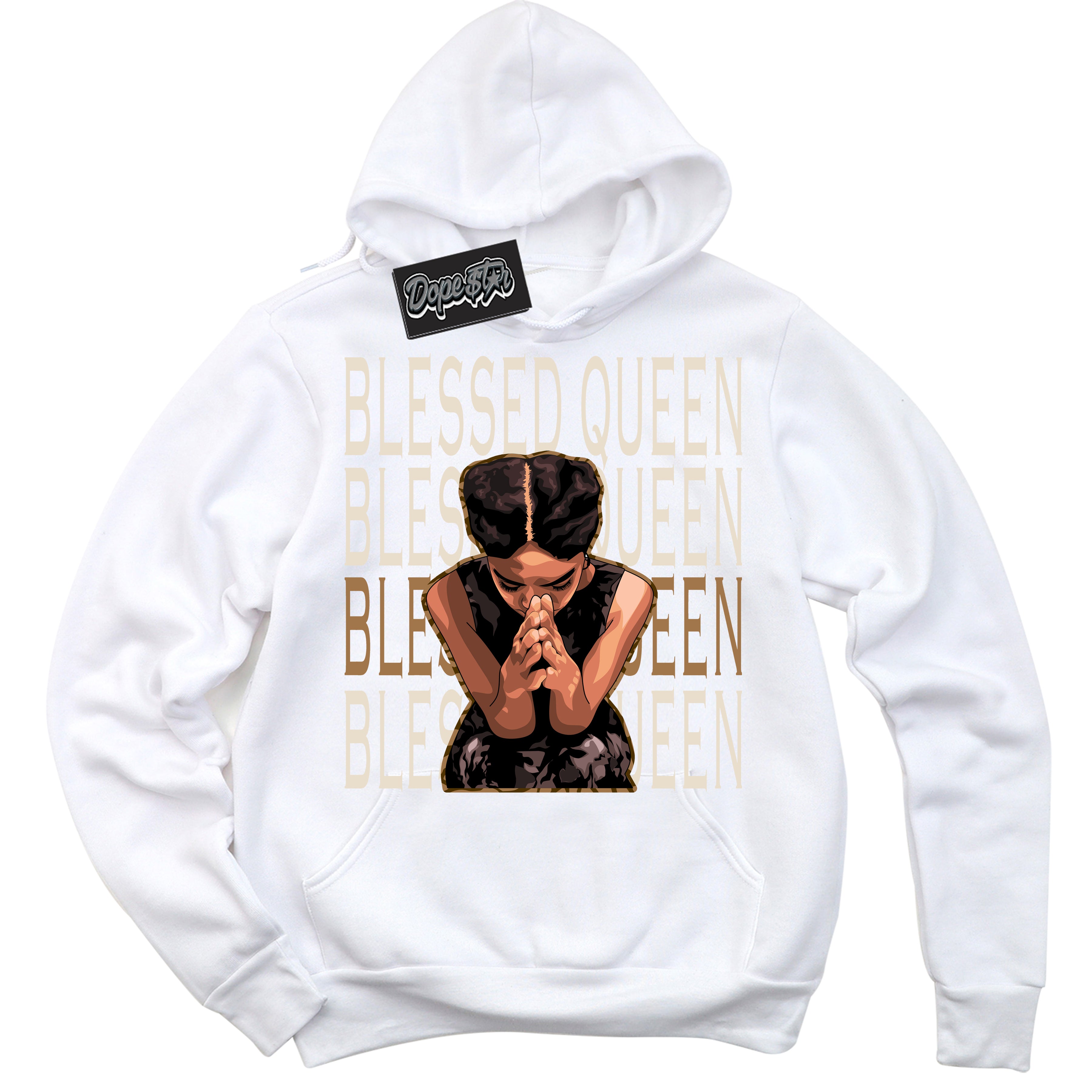 Cool White Graphic DopeStar Hoodie with “ Blessed Queen “ print, that perfectly matches Palomino 3s sneakers