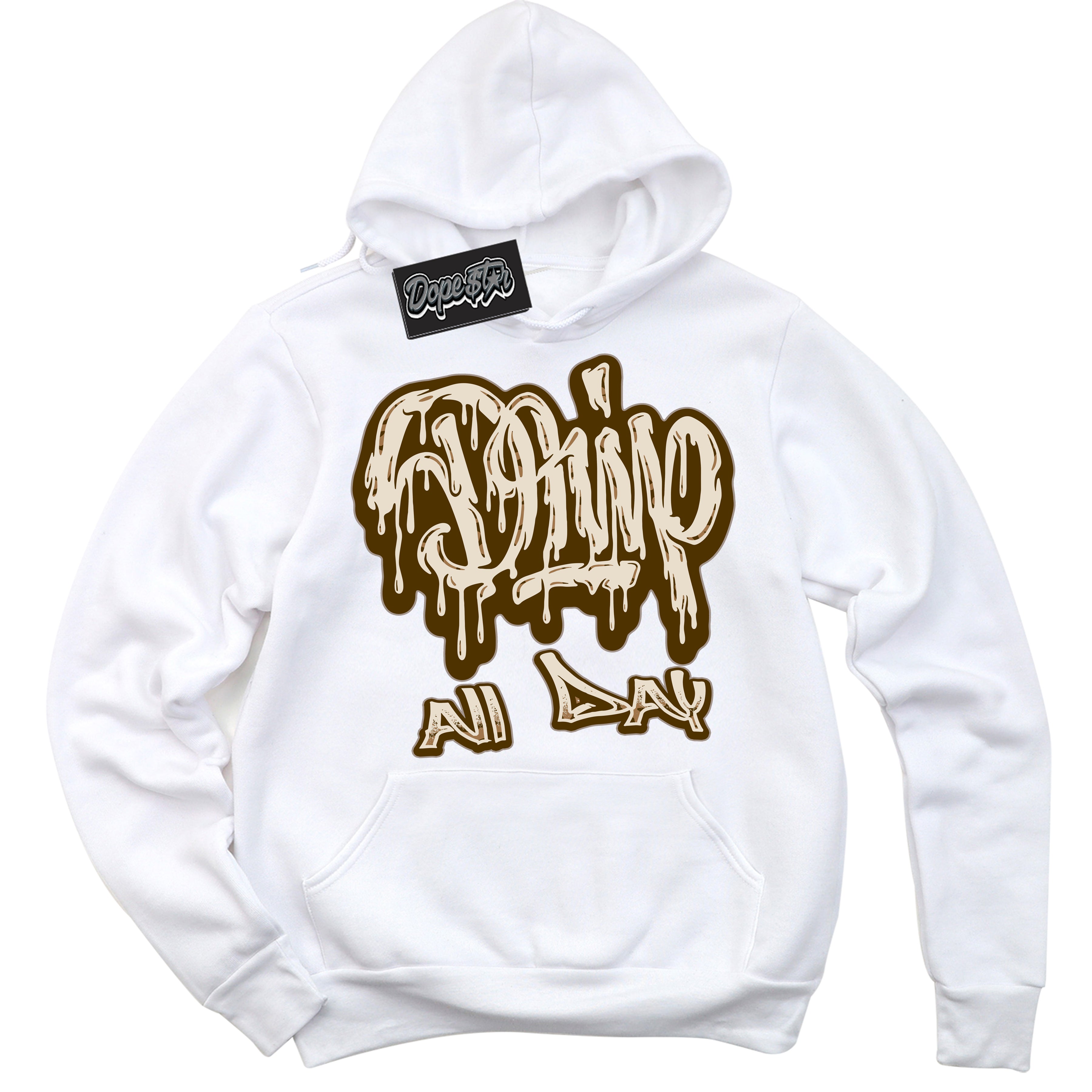 Cool White Graphic DopeStar Hoodie with “ Drip All Day “ print, that perfectly matches Palomino 3s sneakers