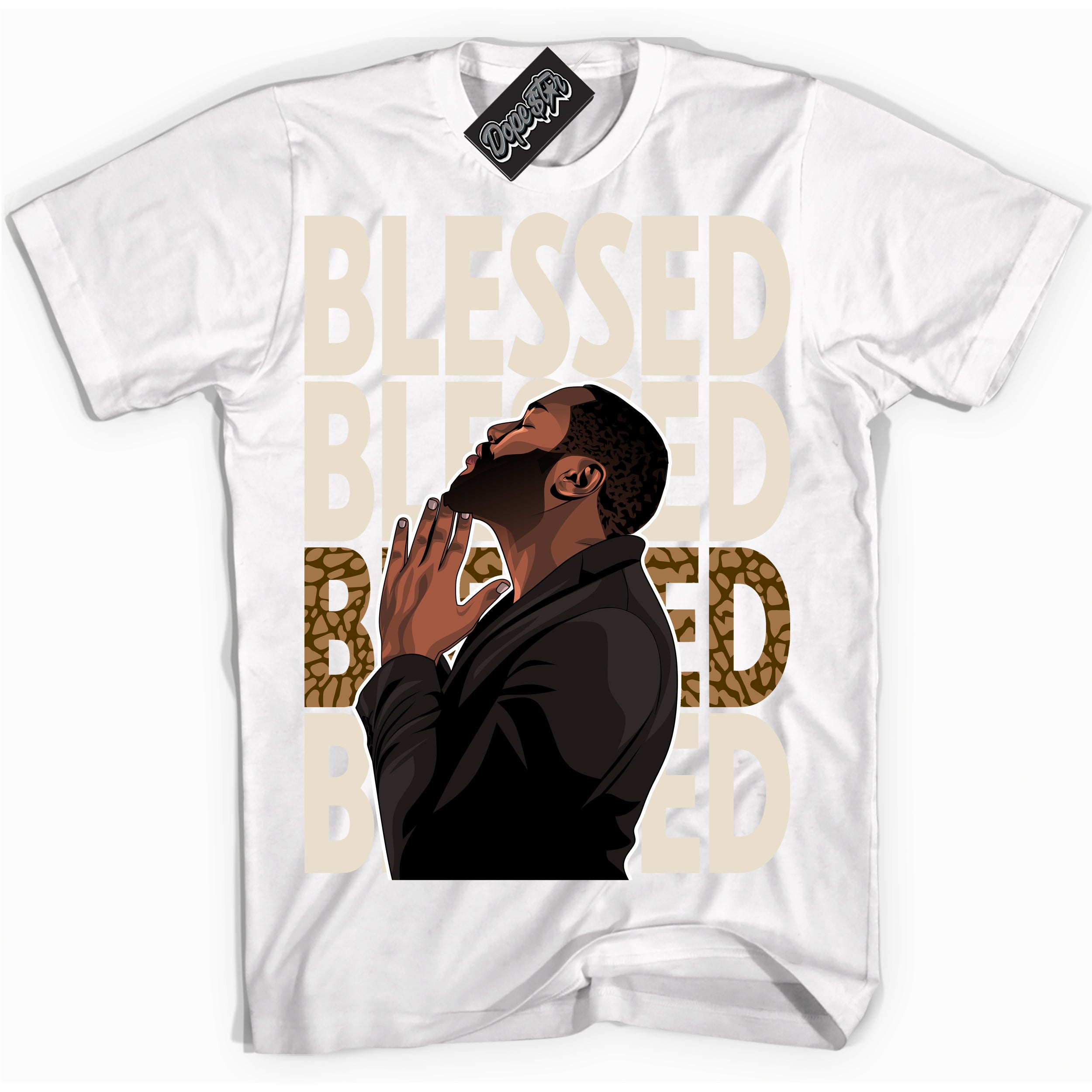 Cool White graphic tee with “ God Blessed ” design, that perfectly matches Palomino 3s sneakers 