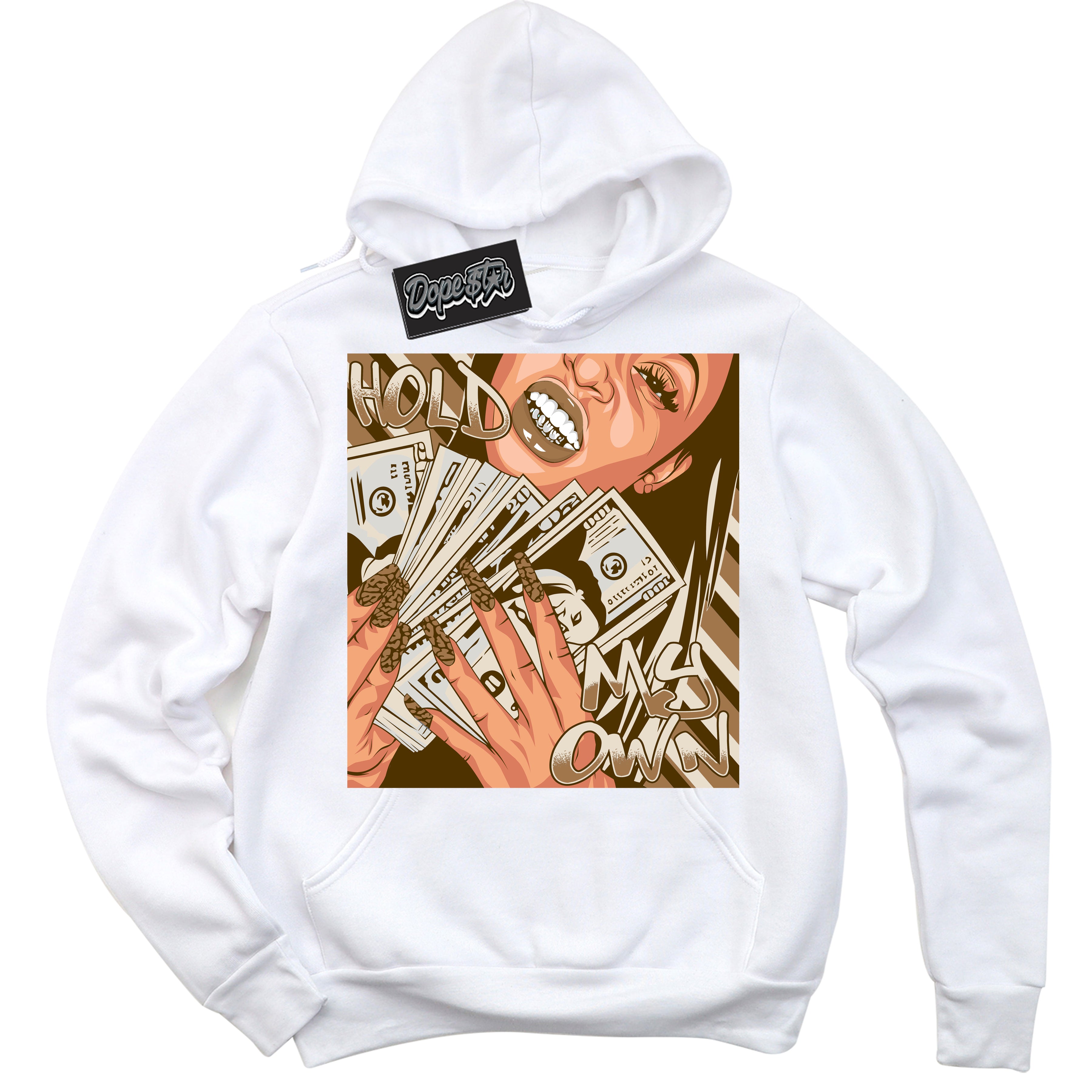Cool White Graphic DopeStar Hoodie with “ Hold My Own “ print, that perfectly matches Palomino 3s sneakers