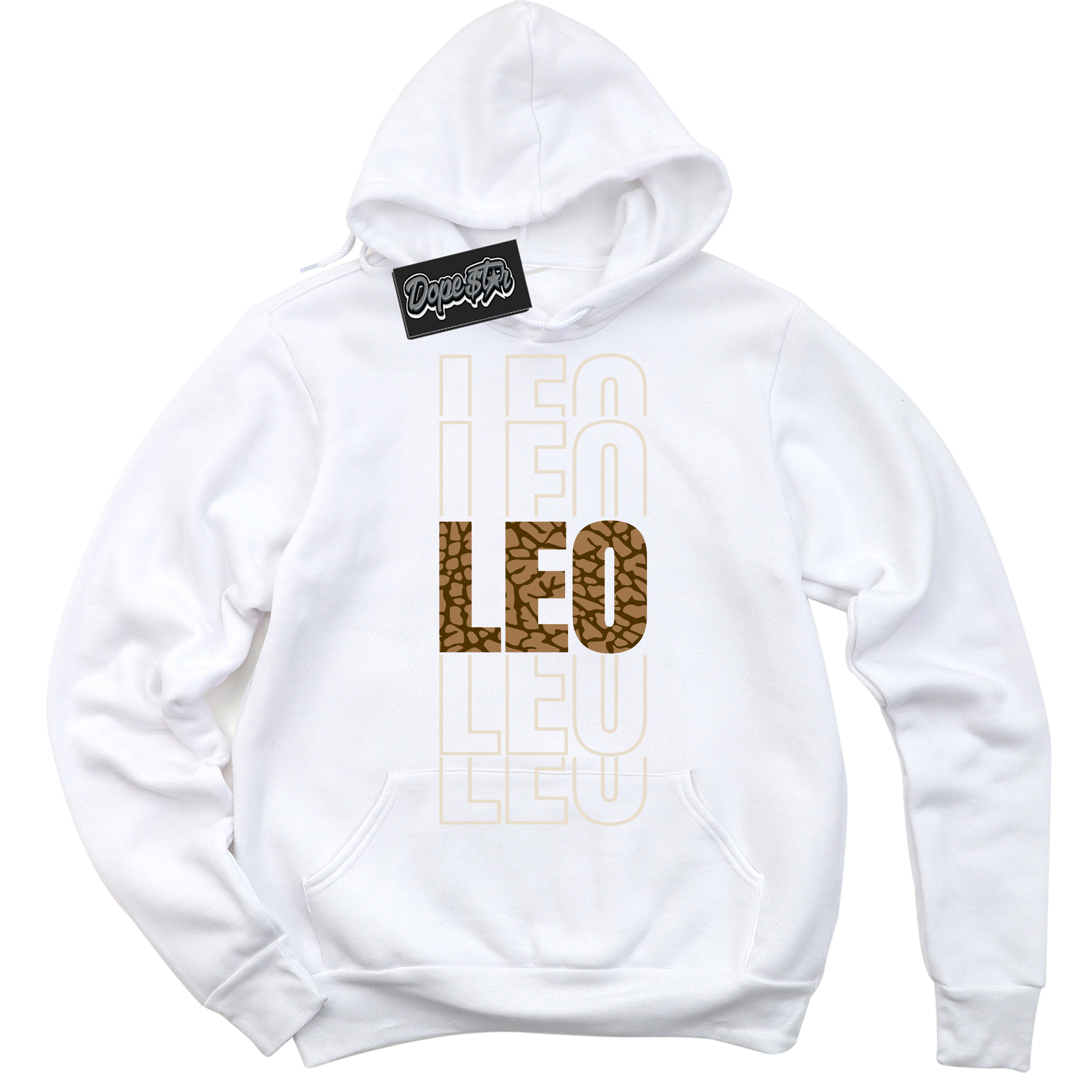 Cool White Graphic DopeStar Hoodie with “ Leo “ print, that perfectly matches Palomino 3s sneakers