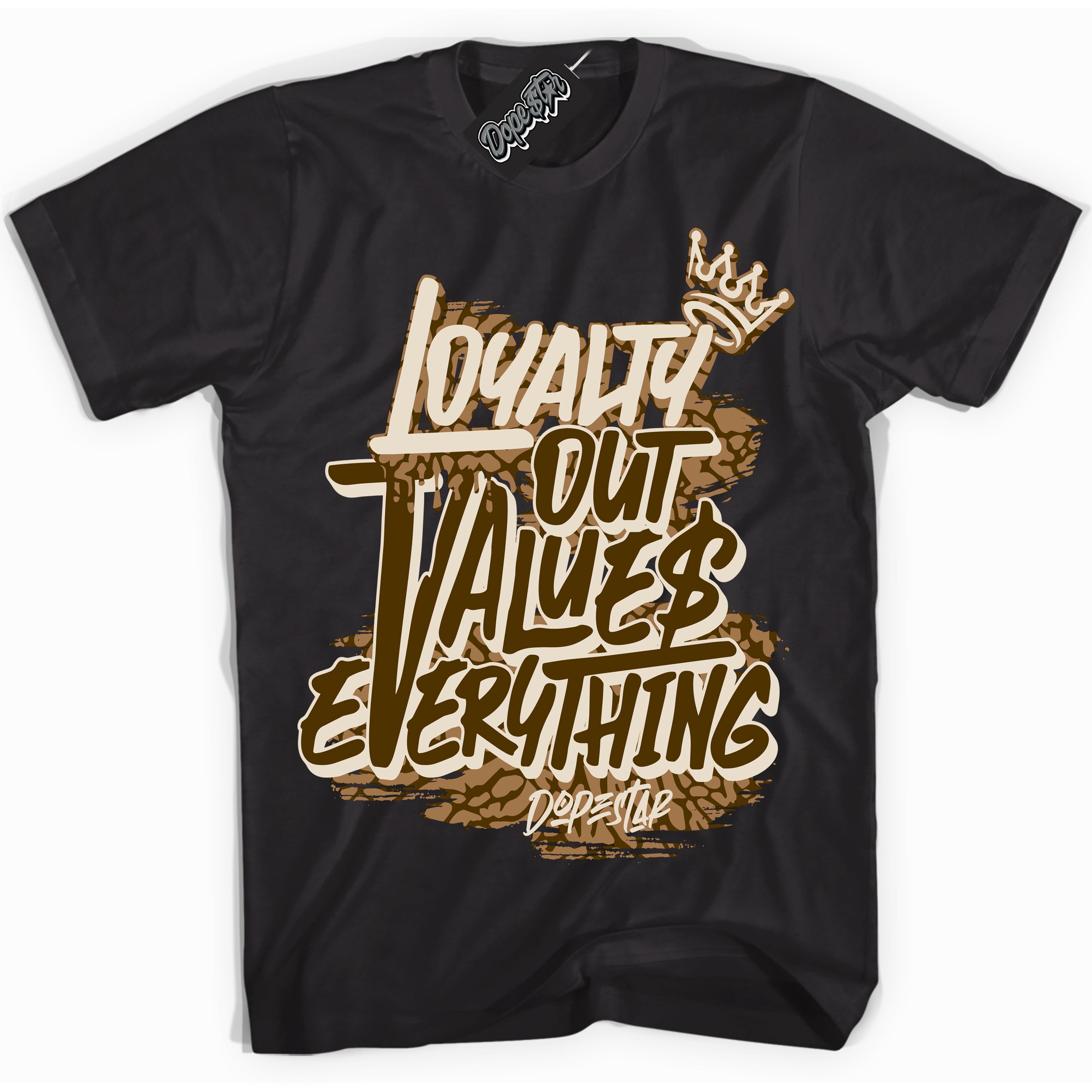 Cool Black Shirt with “ Loyalty Out Values Everything” design that perfectly matches Palomino 3s Sneakers.