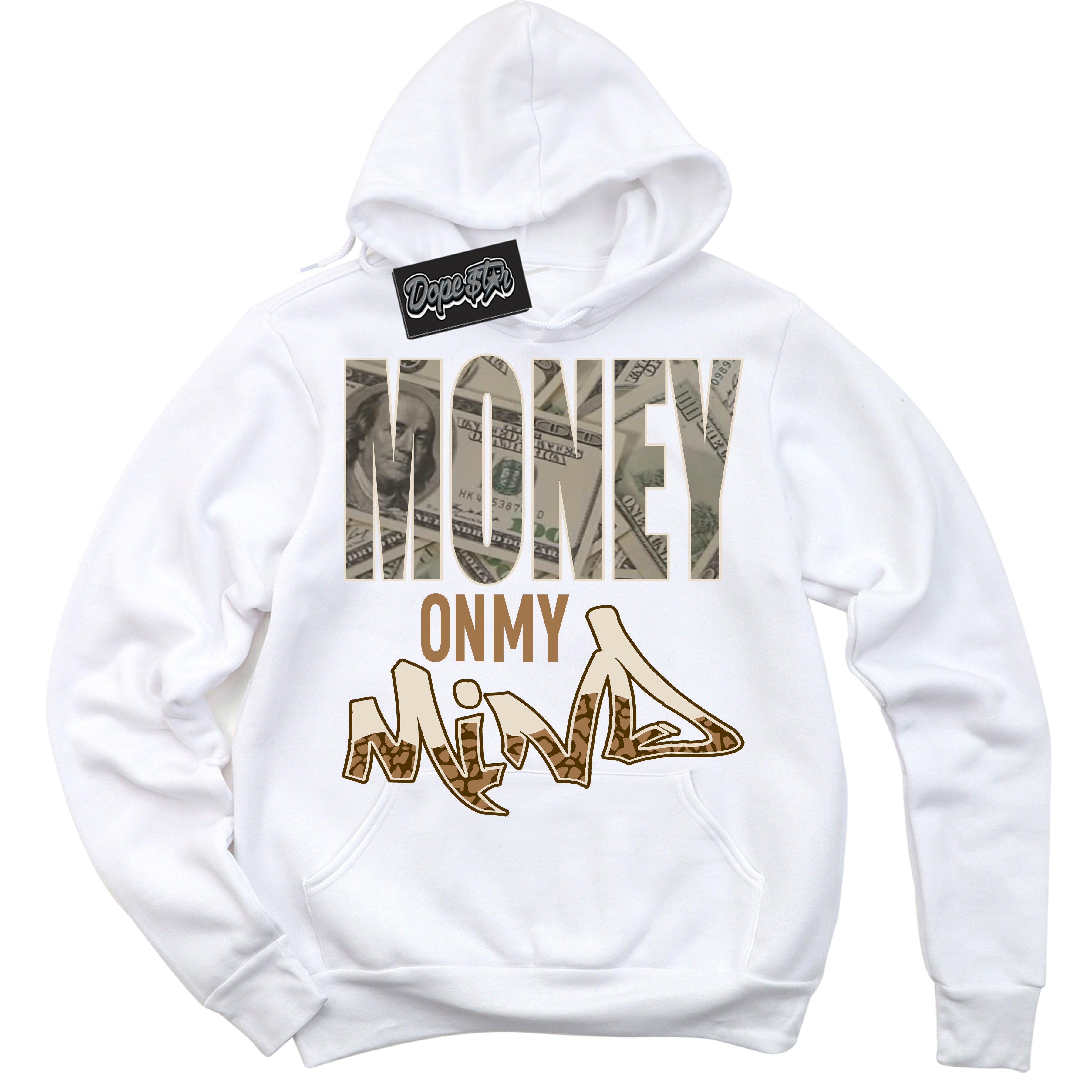 Cool White Graphic DopeStar Hoodie with “ Money On My Mind “ print, that perfectly matches Palomino 3s sneakers