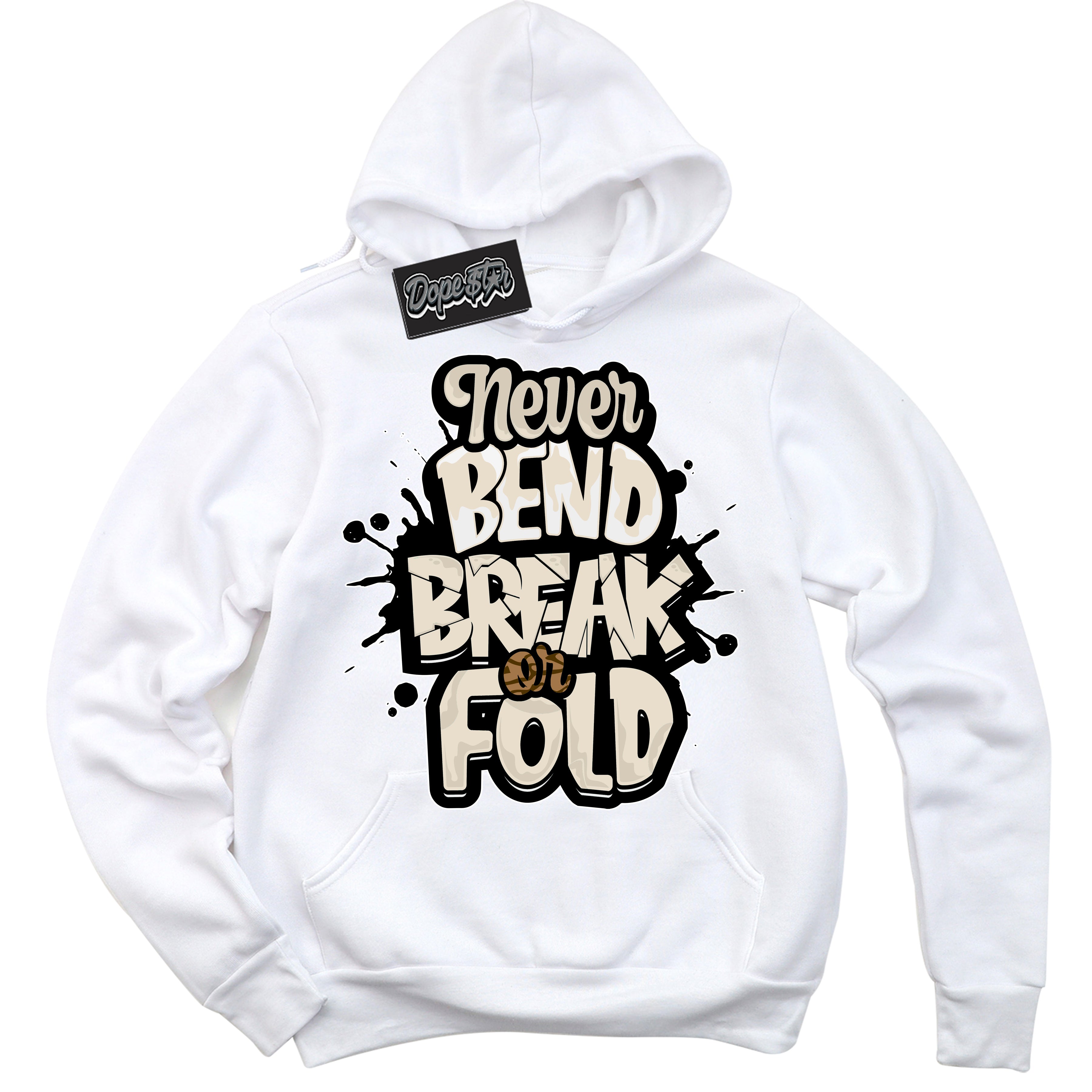 Cool White Graphic DopeStar Hoodie with “ Never Bend Break Or Fold “ print, that perfectly matches Palomino 3s sneakers