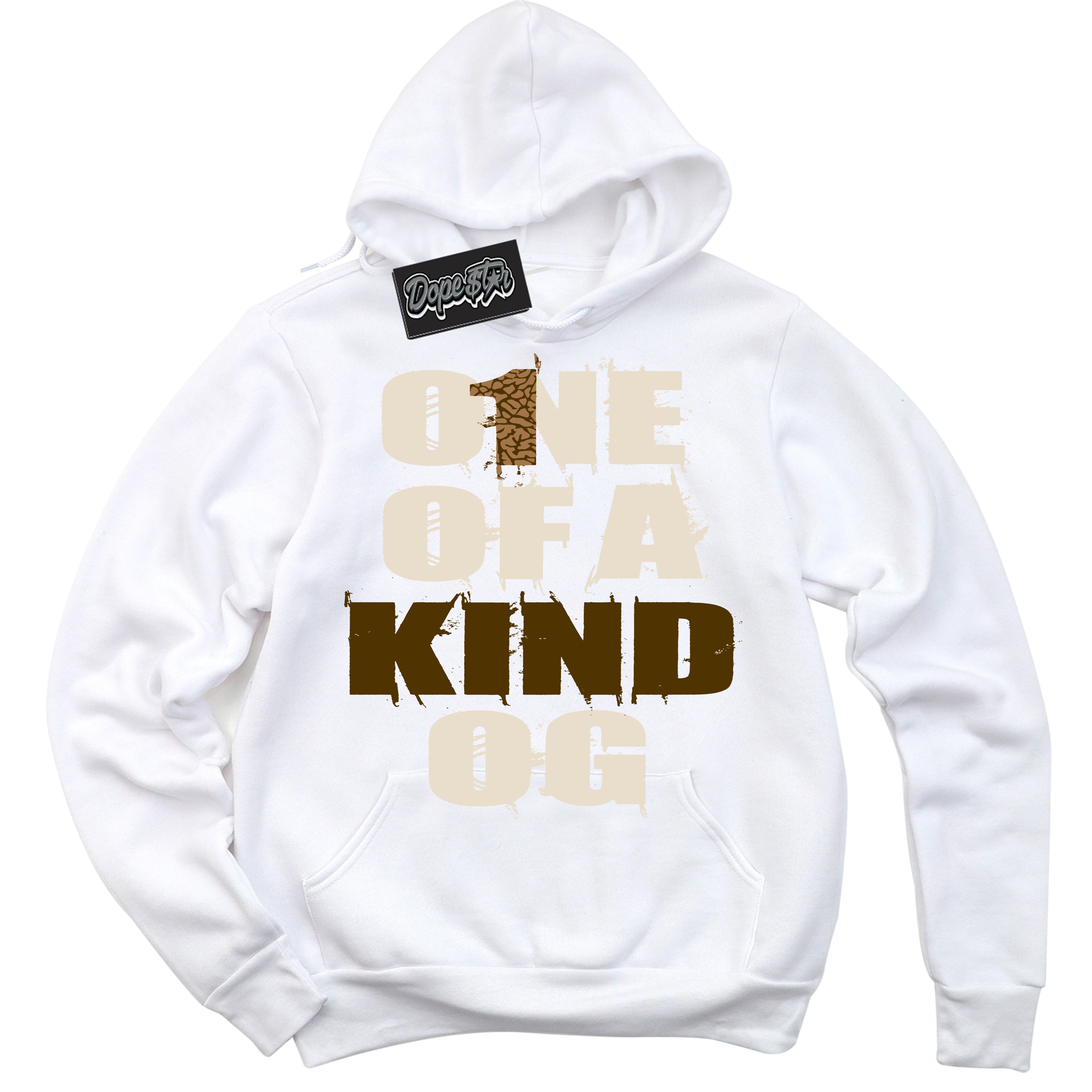 Cool White Graphic DopeStar Hoodie with “ One Of A Kind “ print, that perfectly matches Palomino 3s sneakers