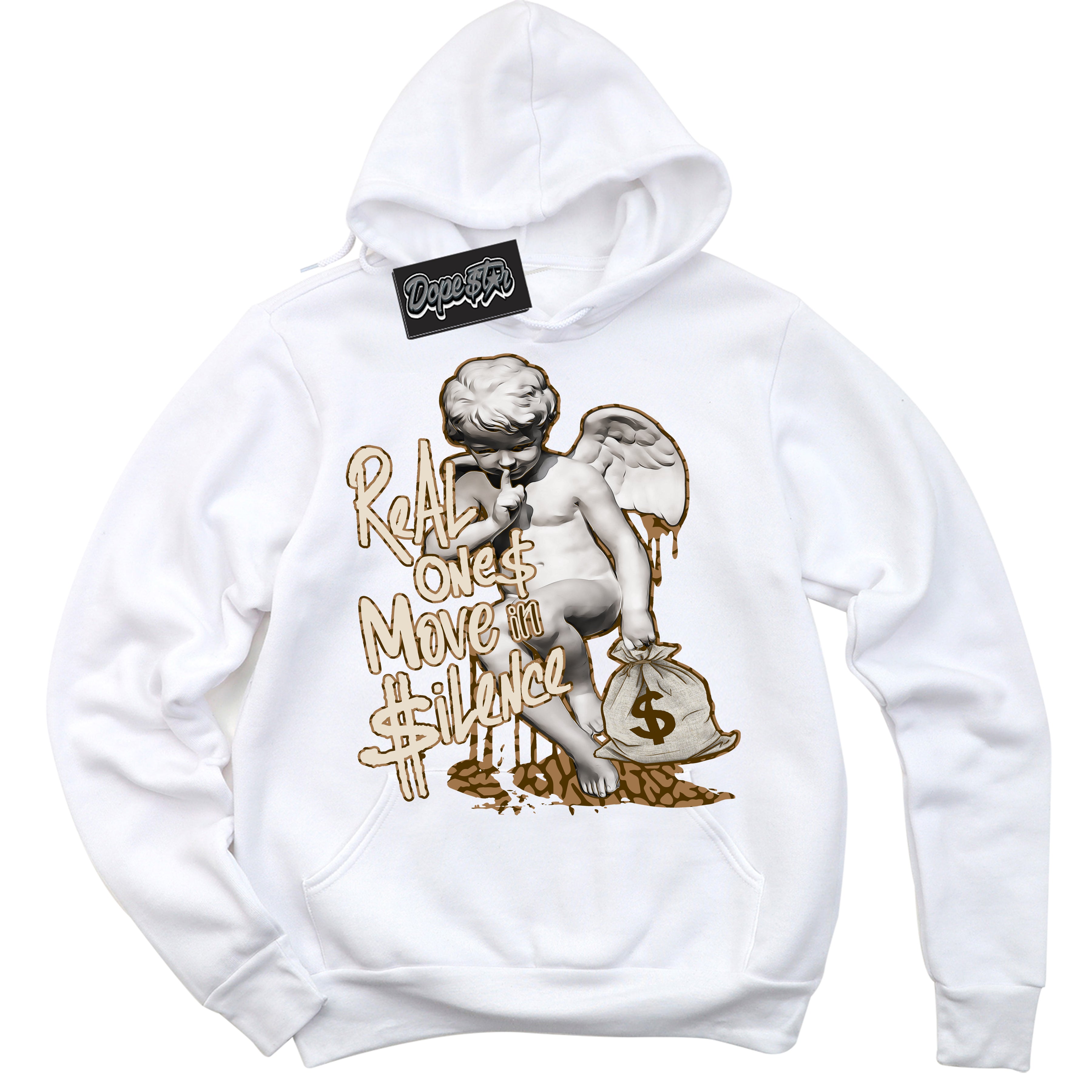 Cool White Graphic DopeStar Hoodie with “ Real Ones Cherub “ print, that perfectly matches Palomino 3s sneakers