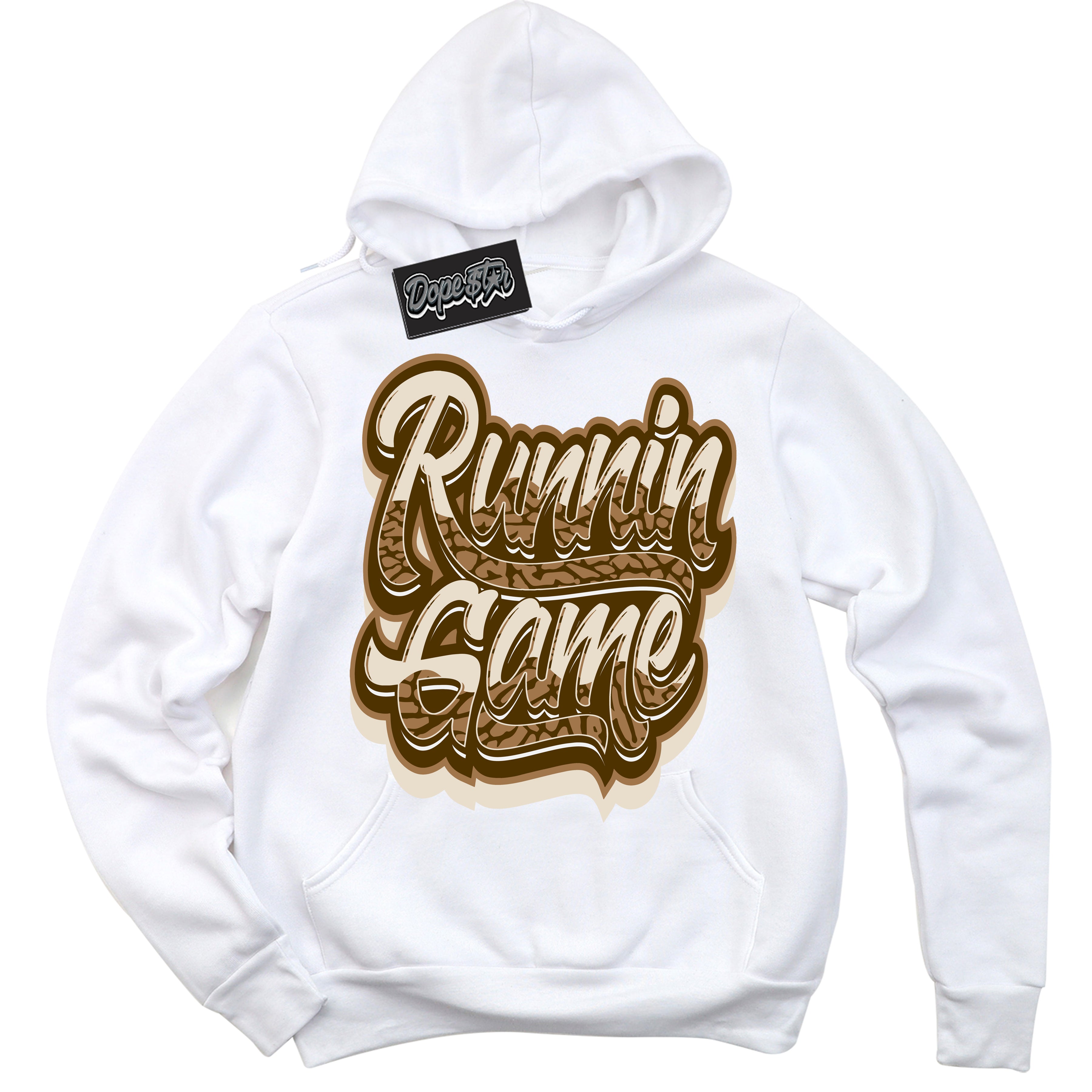 Cool White Graphic DopeStar Hoodie with “ Running Game “ print, that perfectly matches Palomino 3s sneakers