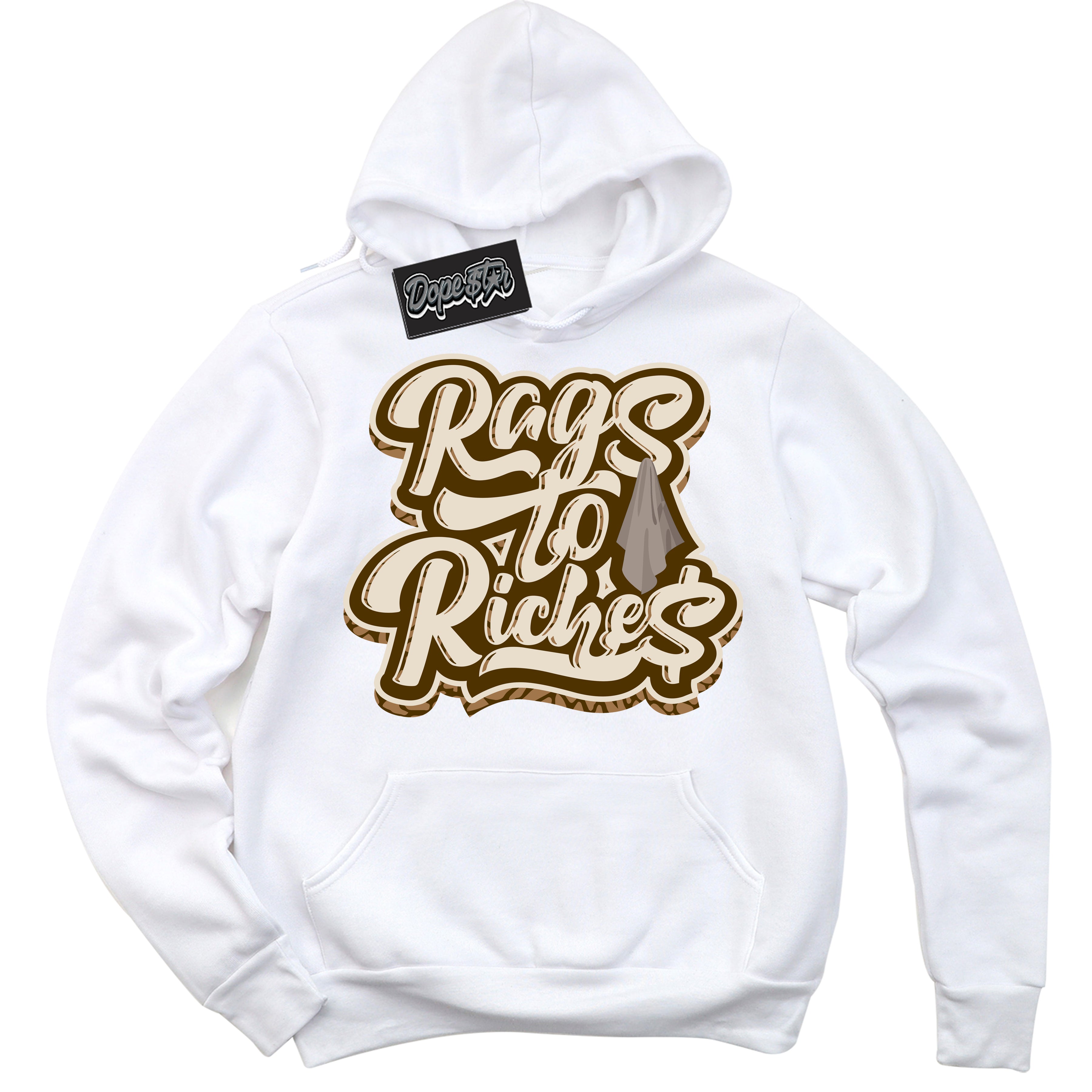 Cool White Graphic DopeStar Hoodie with “ Rags To Riches “ print, that perfectly matches Palomino 3s sneakers