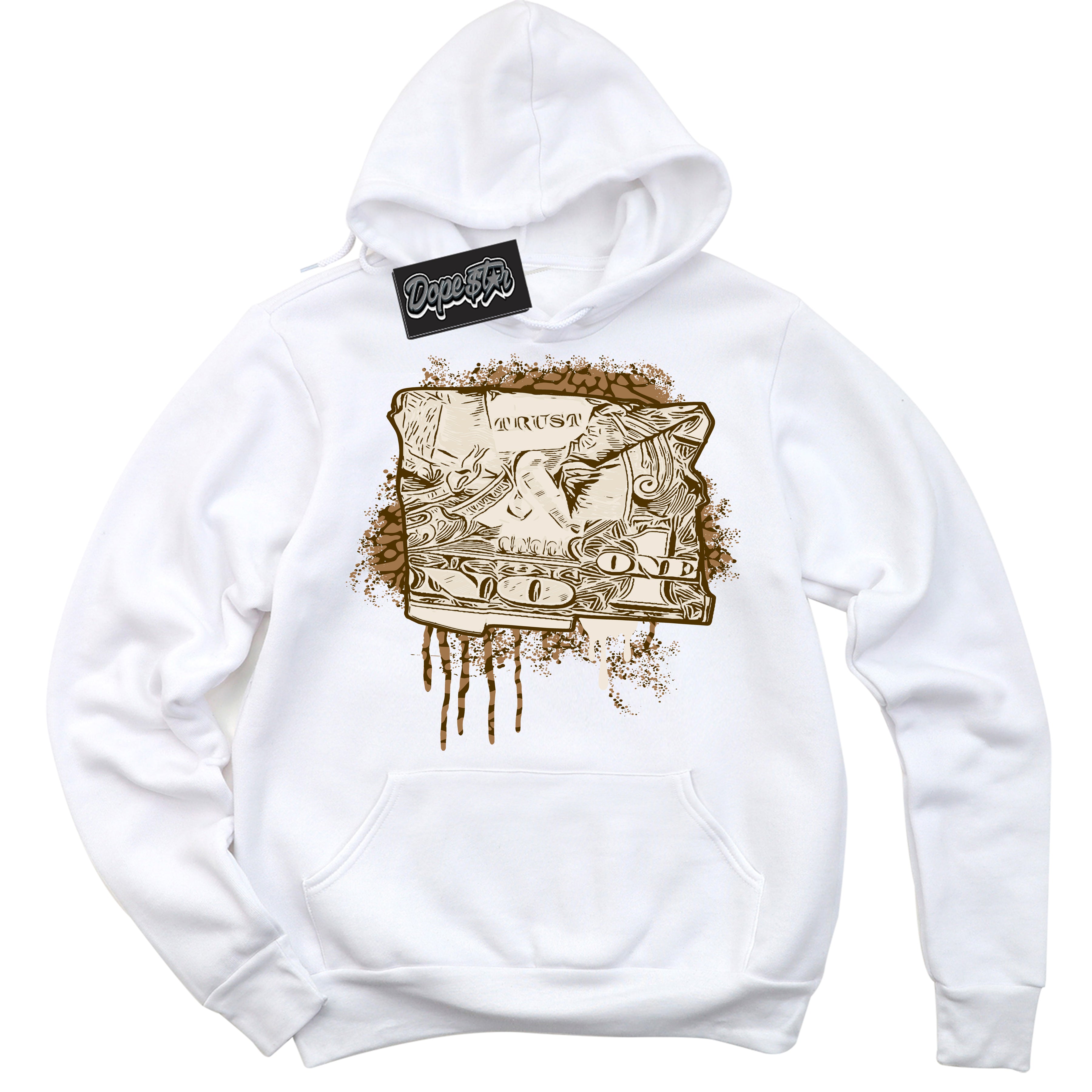 Cool White Graphic DopeStar Hoodie with “ Trust No One Dollar “ print, that perfectly matches Palomino 3s sneakers