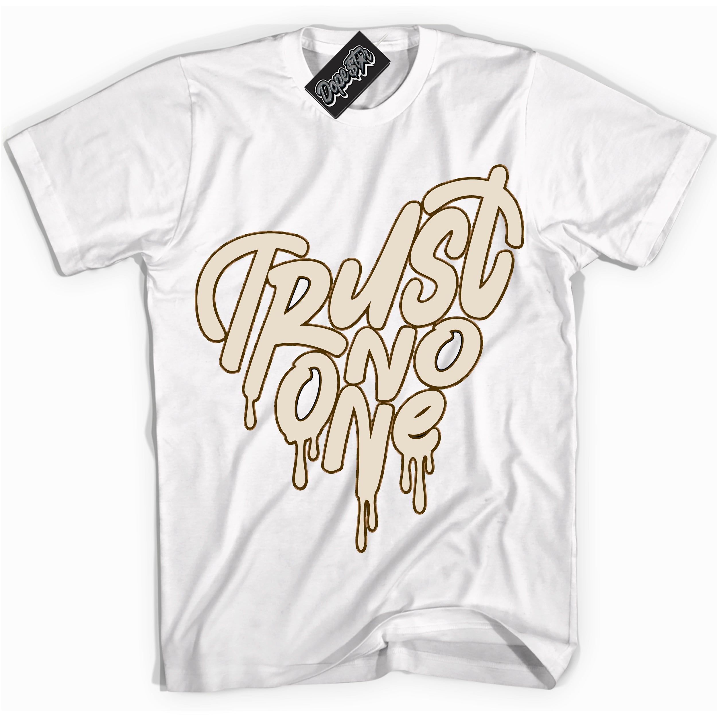Cool White graphic tee with “ Trust No One Heart ” design, that perfectly matches Palomino 3s sneakers 