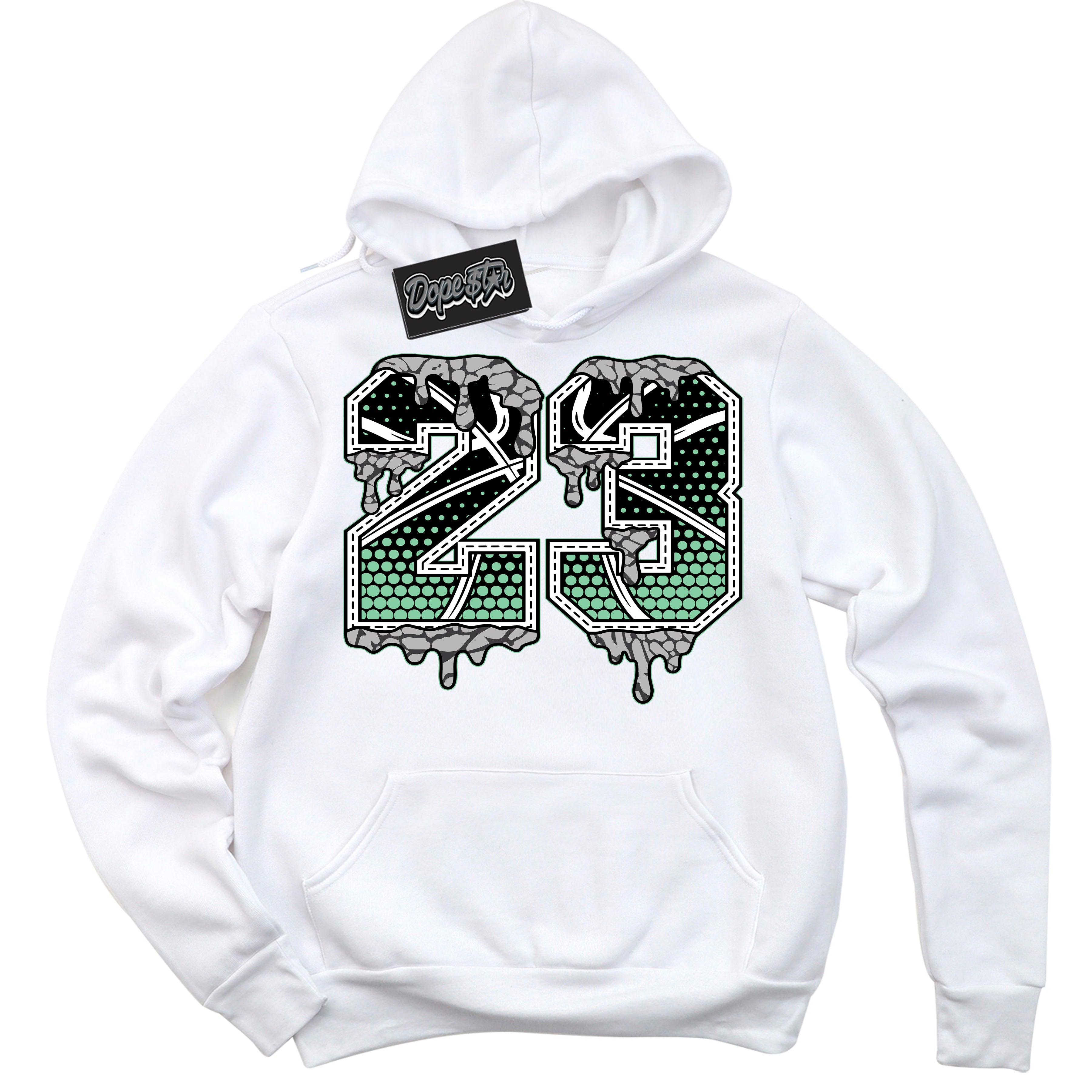 Cool White Graphic DopeStar Hoodie with “ 23 Ball “ print, that perfectly matches Green Glow 3s sneakers