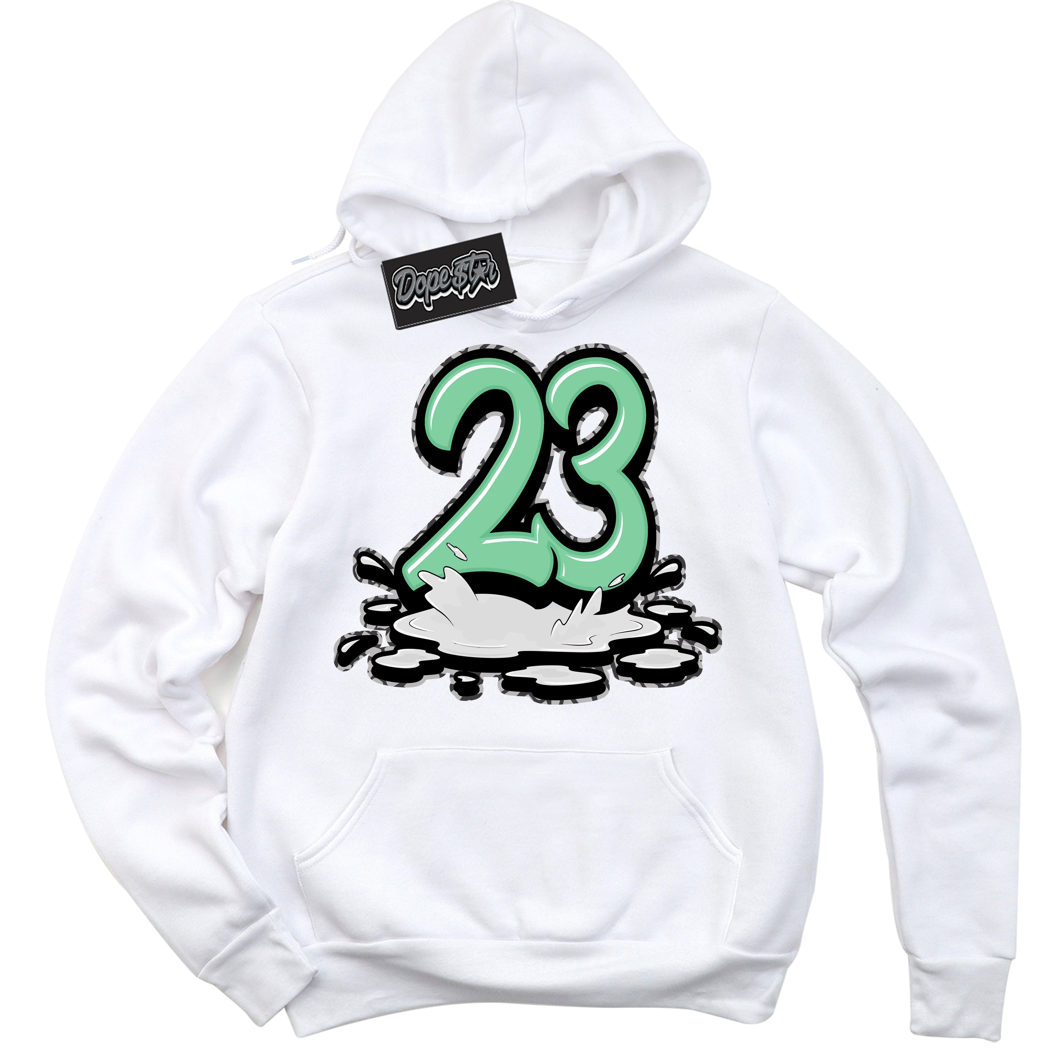 Cool White Graphic DopeStar Hoodie with “ 23 Melting “ print, that perfectly matches Green Glow 3s sneakers