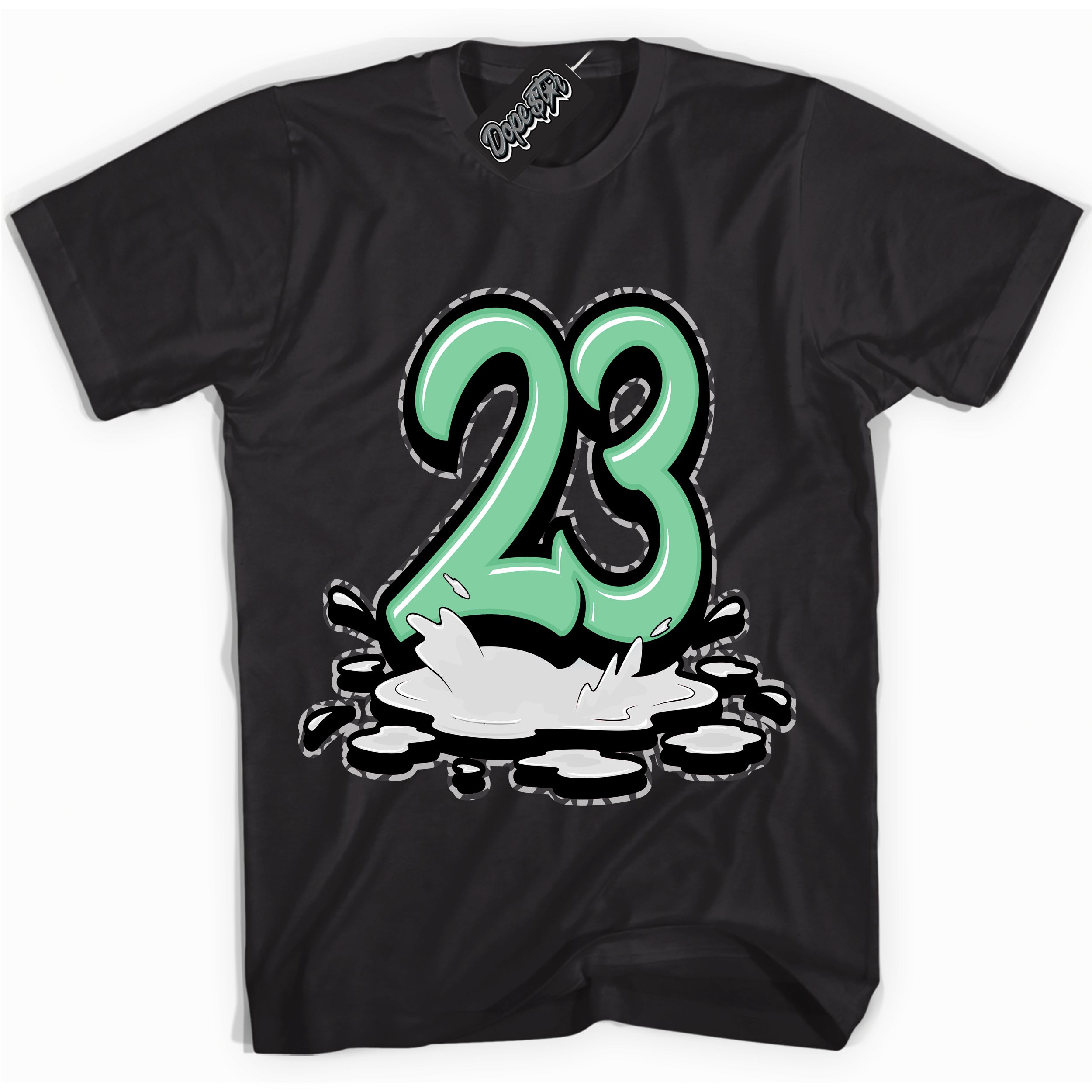 Cool Black graphic tee with “ 23 Melting ” design, that perfectly matches Green Glow 3s sneakers 