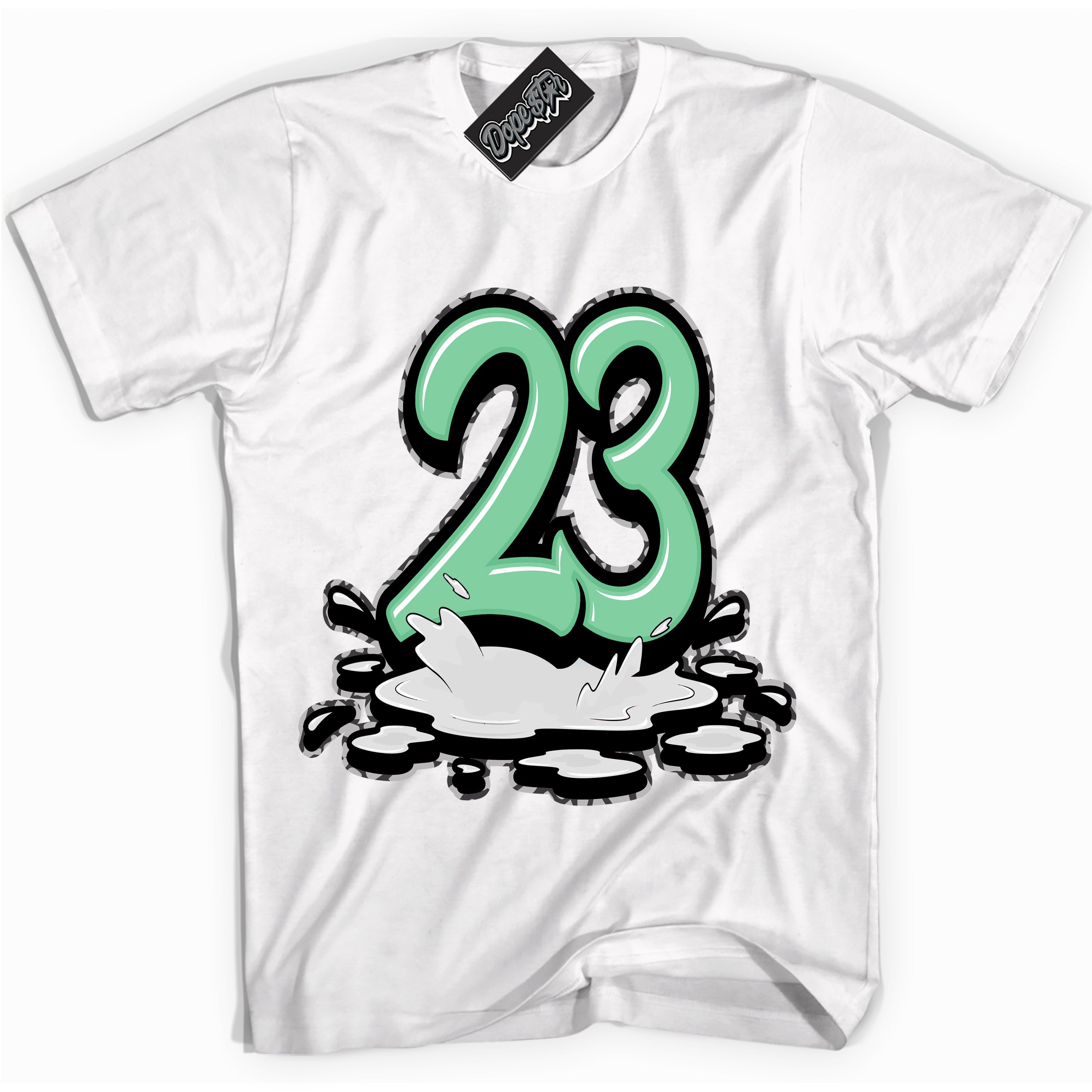 Cool White graphic tee with “ 23 Melting ” design, that perfectly matches Green Glow 3s sneakers 