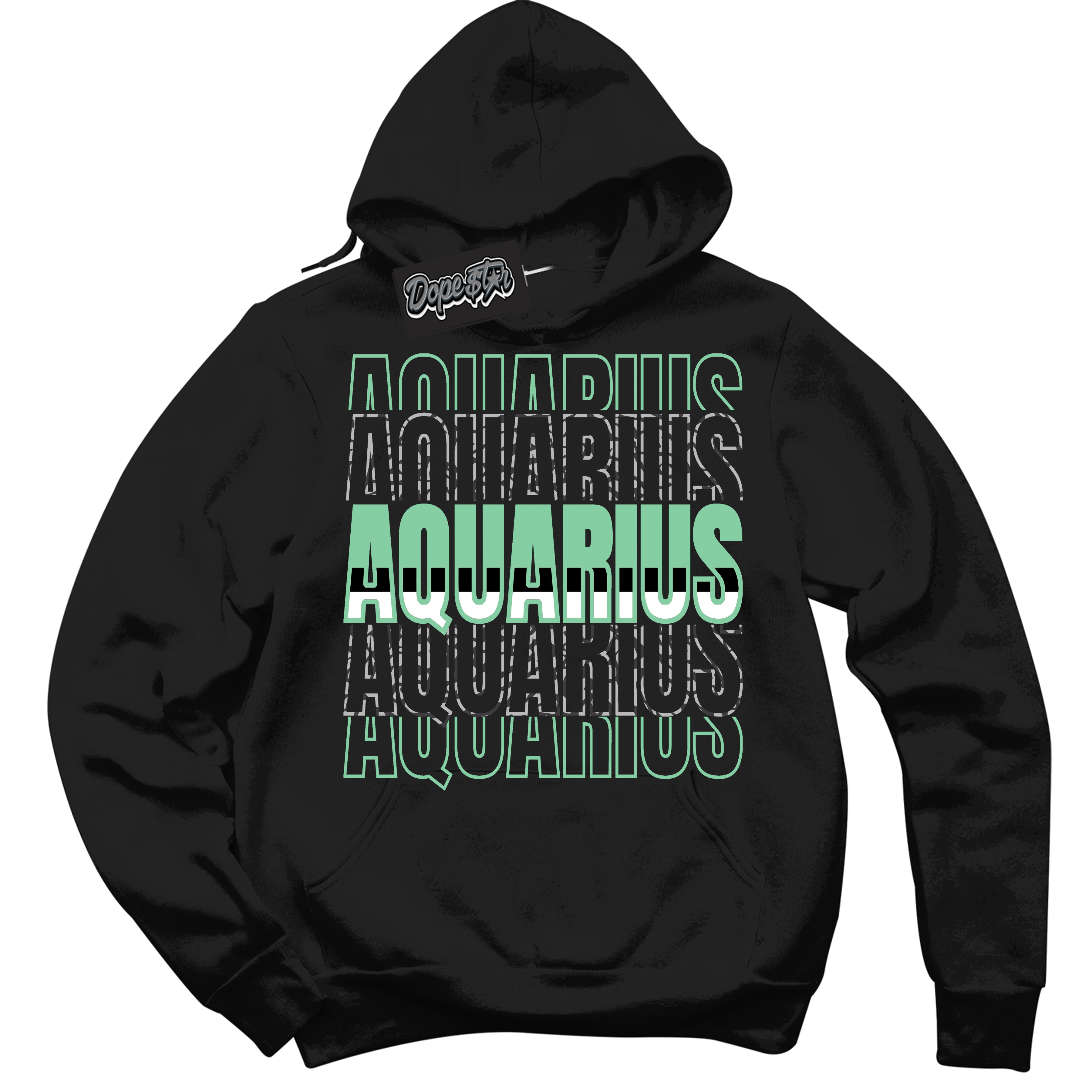 Cool Black Graphic DopeStar Hoodie with “ Aquarius “ print, that perfectly matches Green Glow 3S sneakers