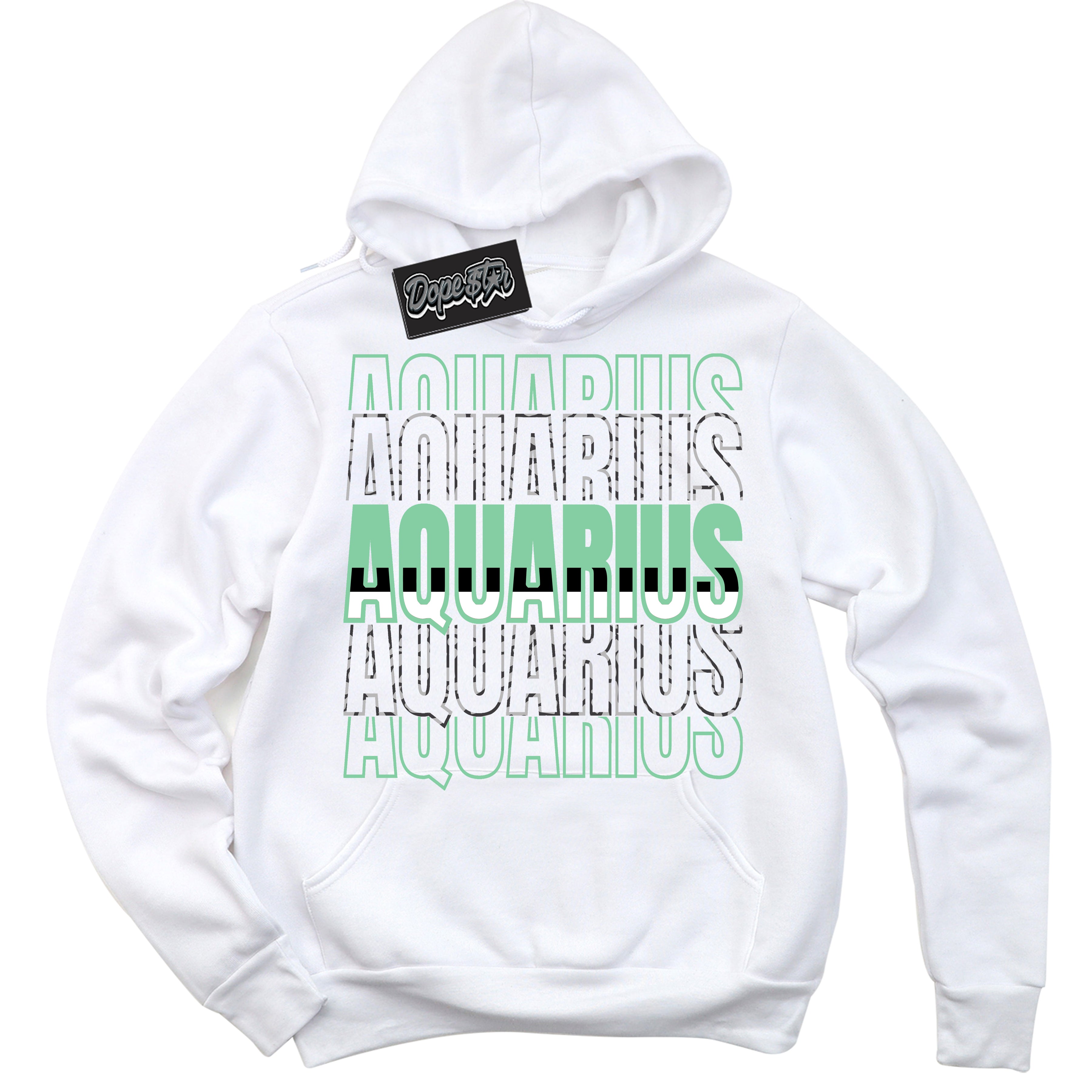 Cool White Graphic DopeStar Hoodie with “ Aquarius “ print, that perfectly matches Green Glow 3s sneakers