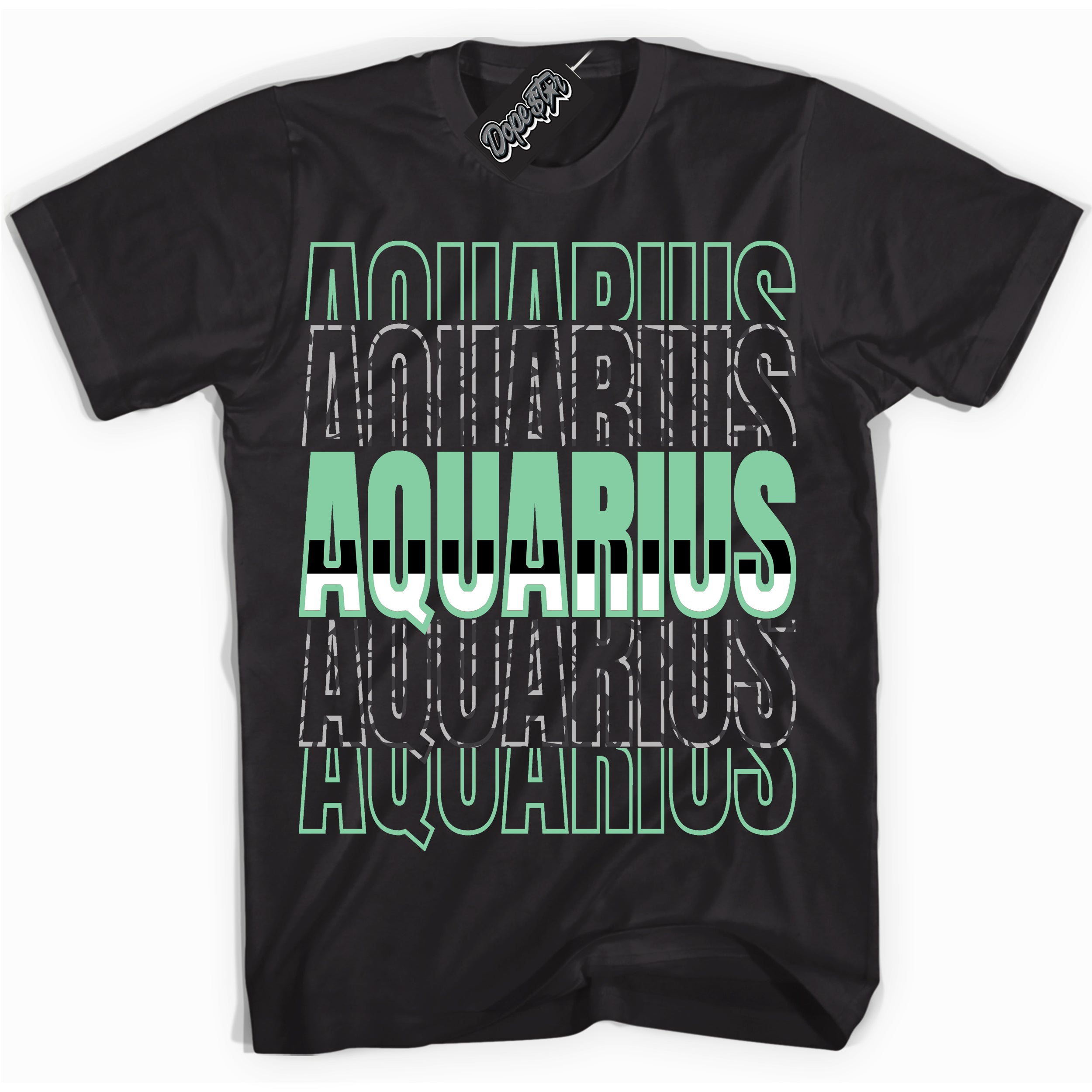 Cool Black graphic tee with “ Aquarius ” design, that perfectly matches Green Glow 3s sneakers 