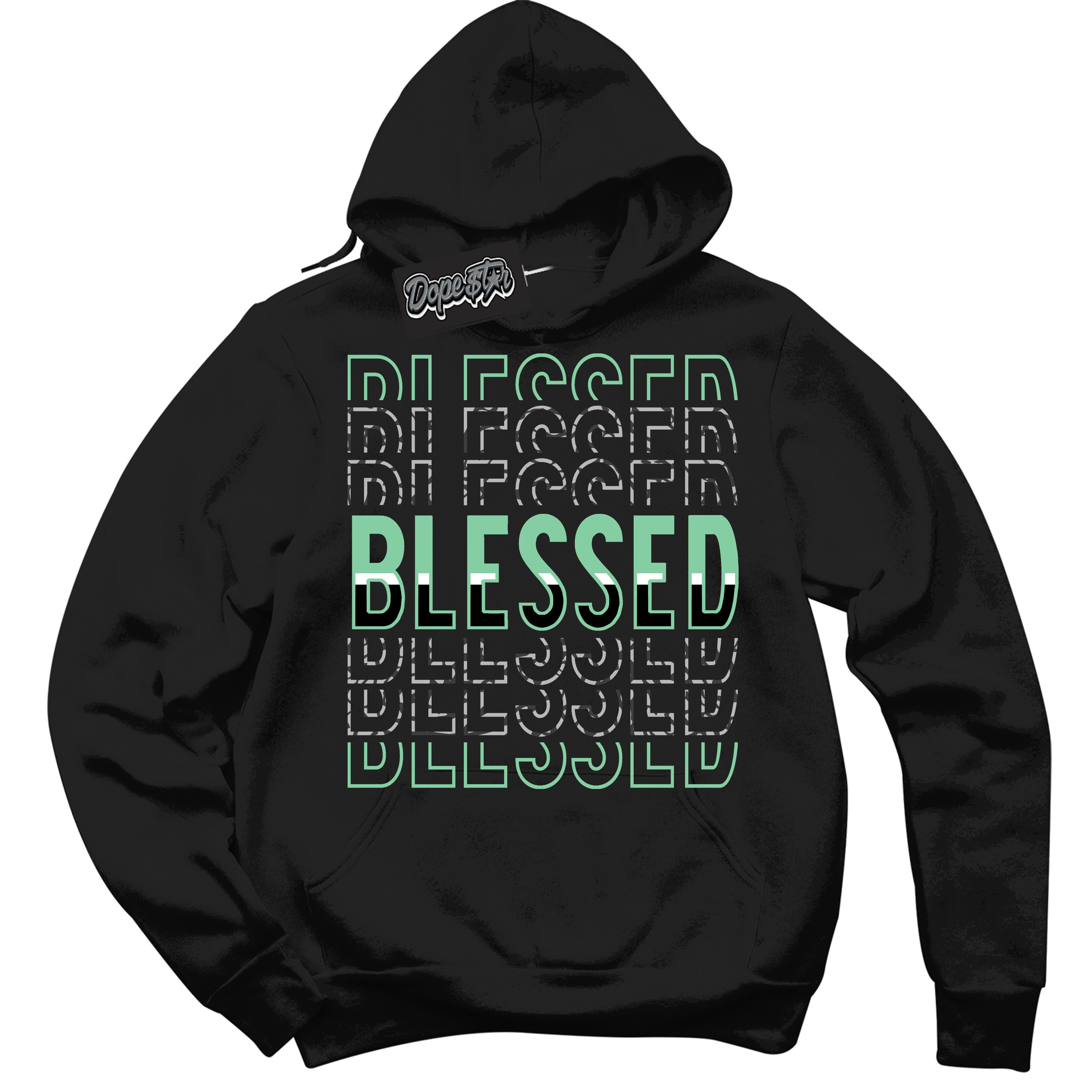Cool Black Graphic DopeStar Hoodie with “ Blessed Stacked “ print, that perfectly matches Green Glow 3S sneakers