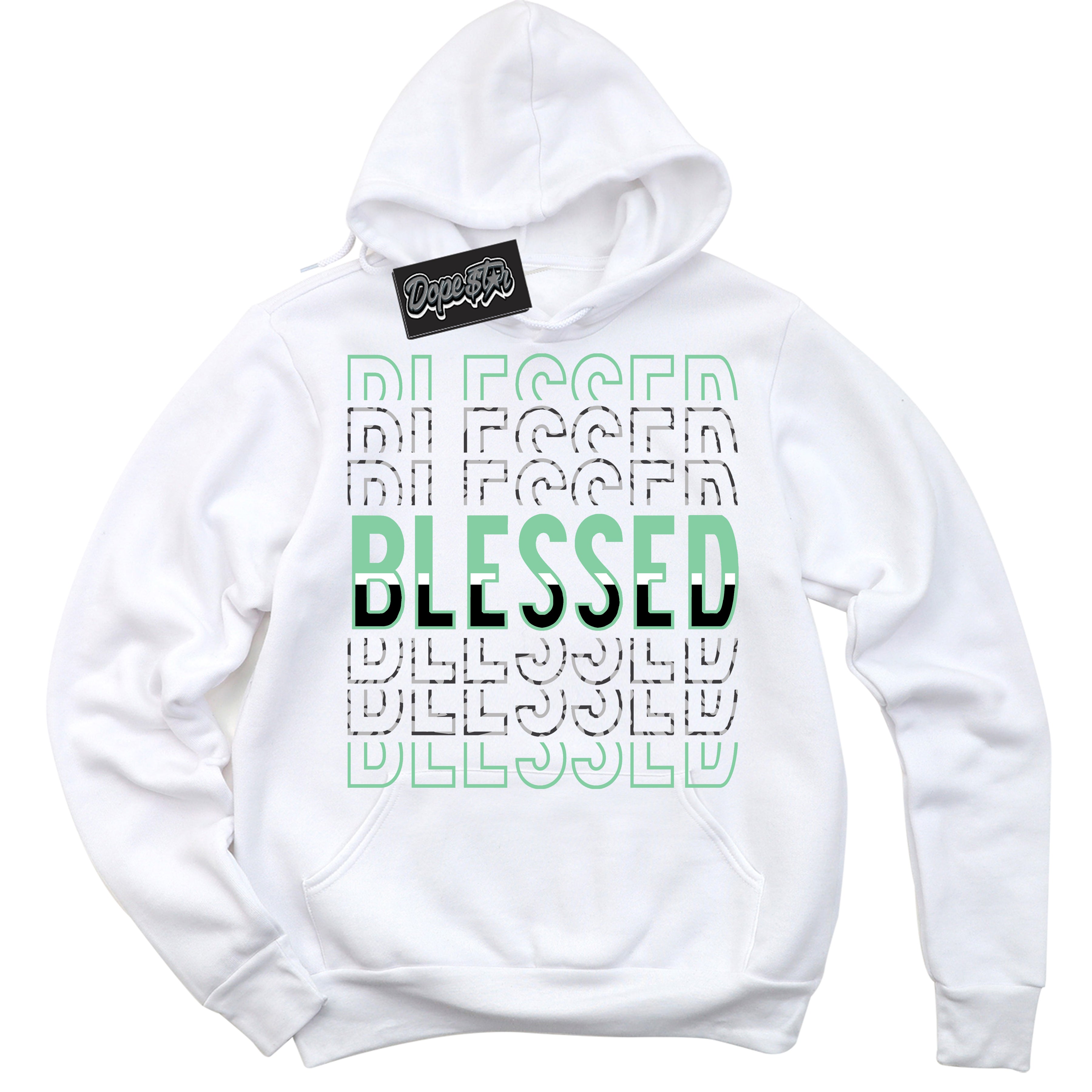 Cool White Graphic DopeStar Hoodie with “ Blessed Stacked “ print, that perfectly matches Green Glow 3s sneakers