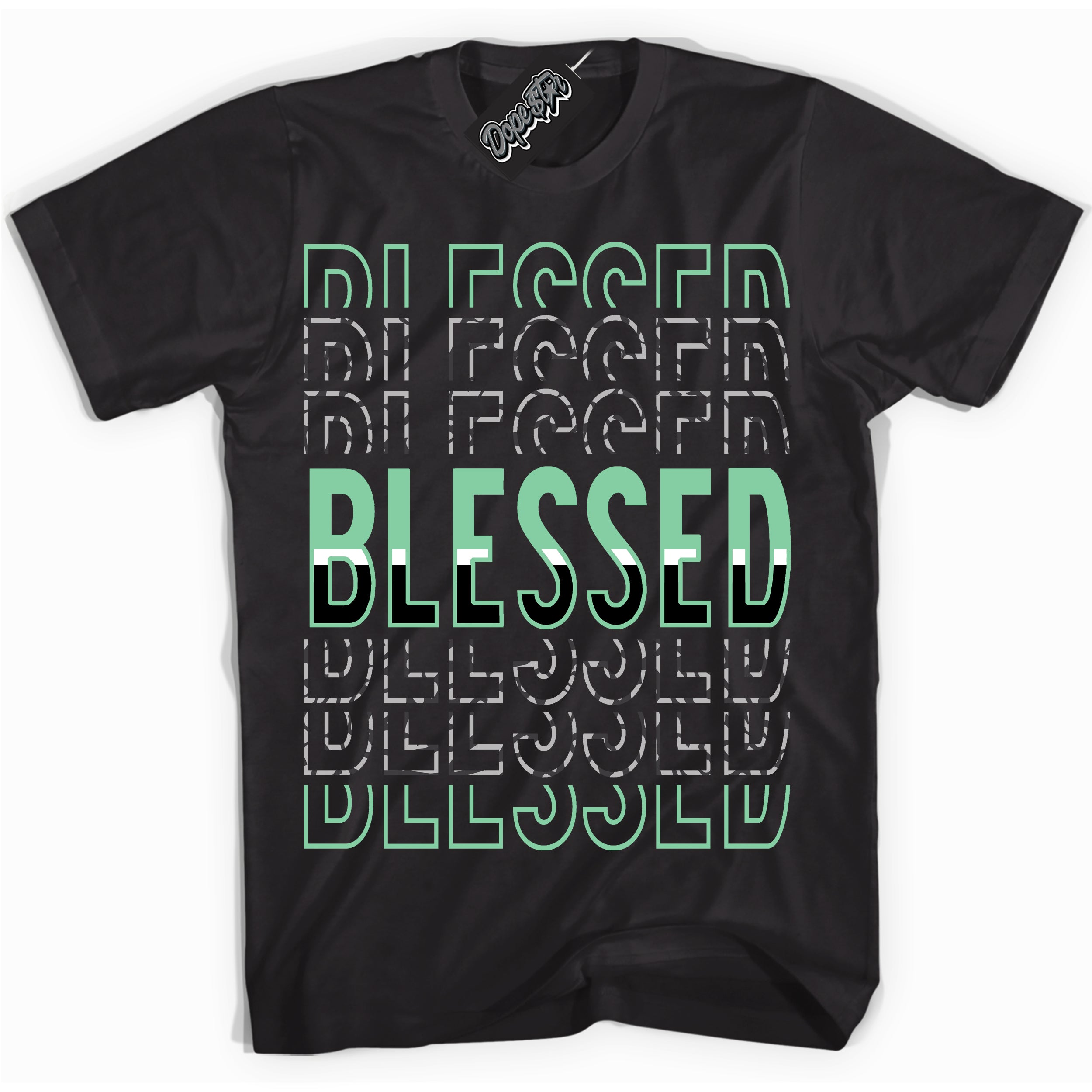 Cool Black graphic tee with “ Blessed Stacked ” design, that perfectly matches Green Glow 3s sneakers 