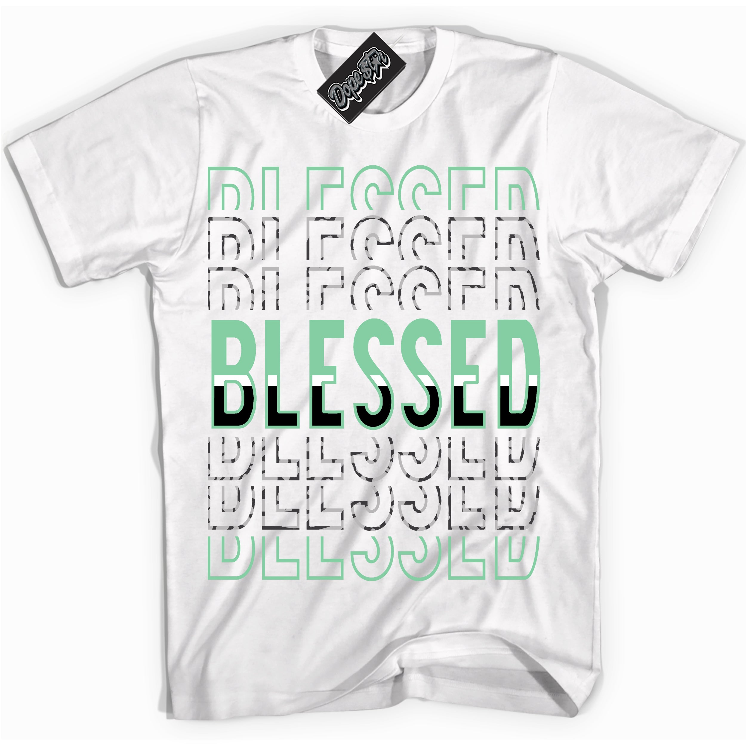 Cool White graphic tee with “ Blessed Stacked ” design, that perfectly matches Green Glow 3s sneakers 