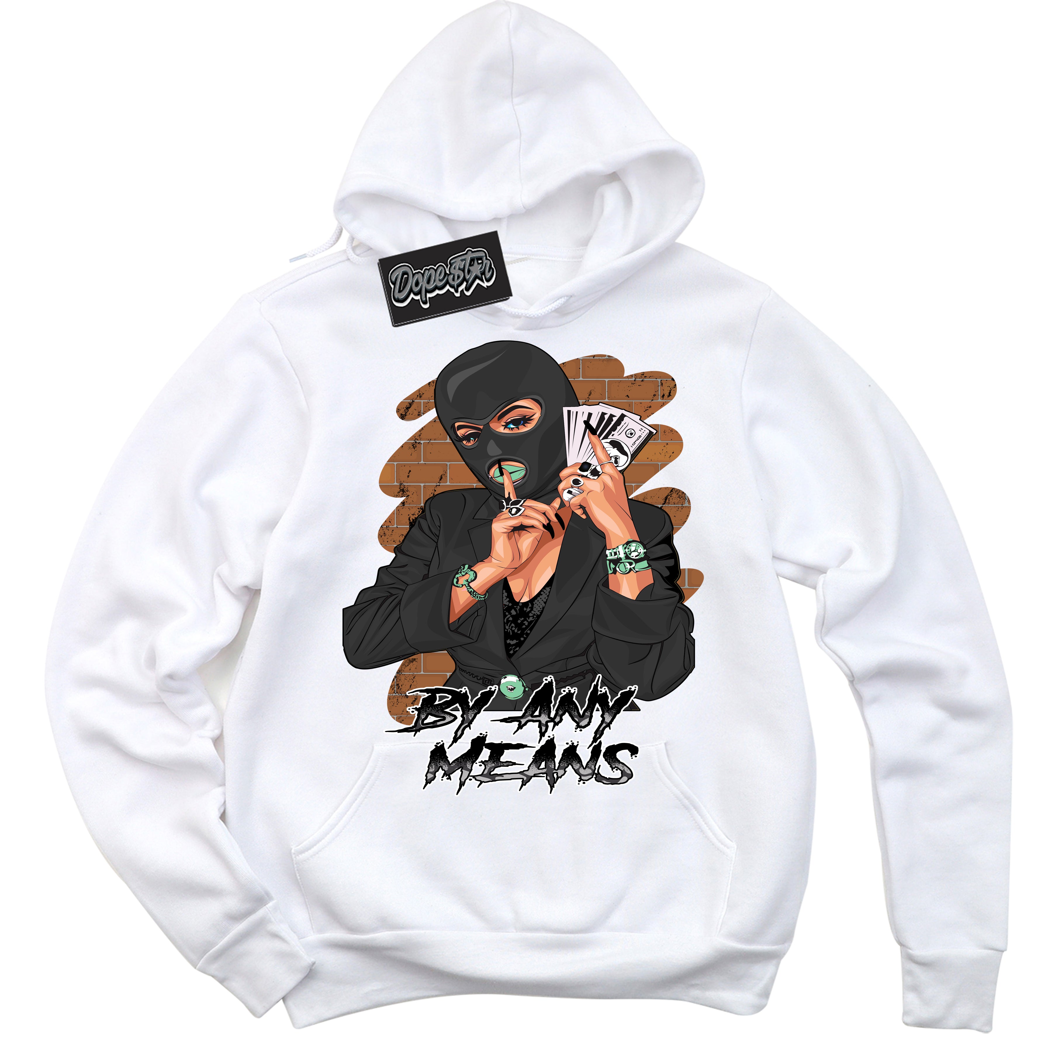 Cool White Graphic DopeStar Hoodie with “ By Any Means “ print, that perfectly matches Green Glow 3s sneakers