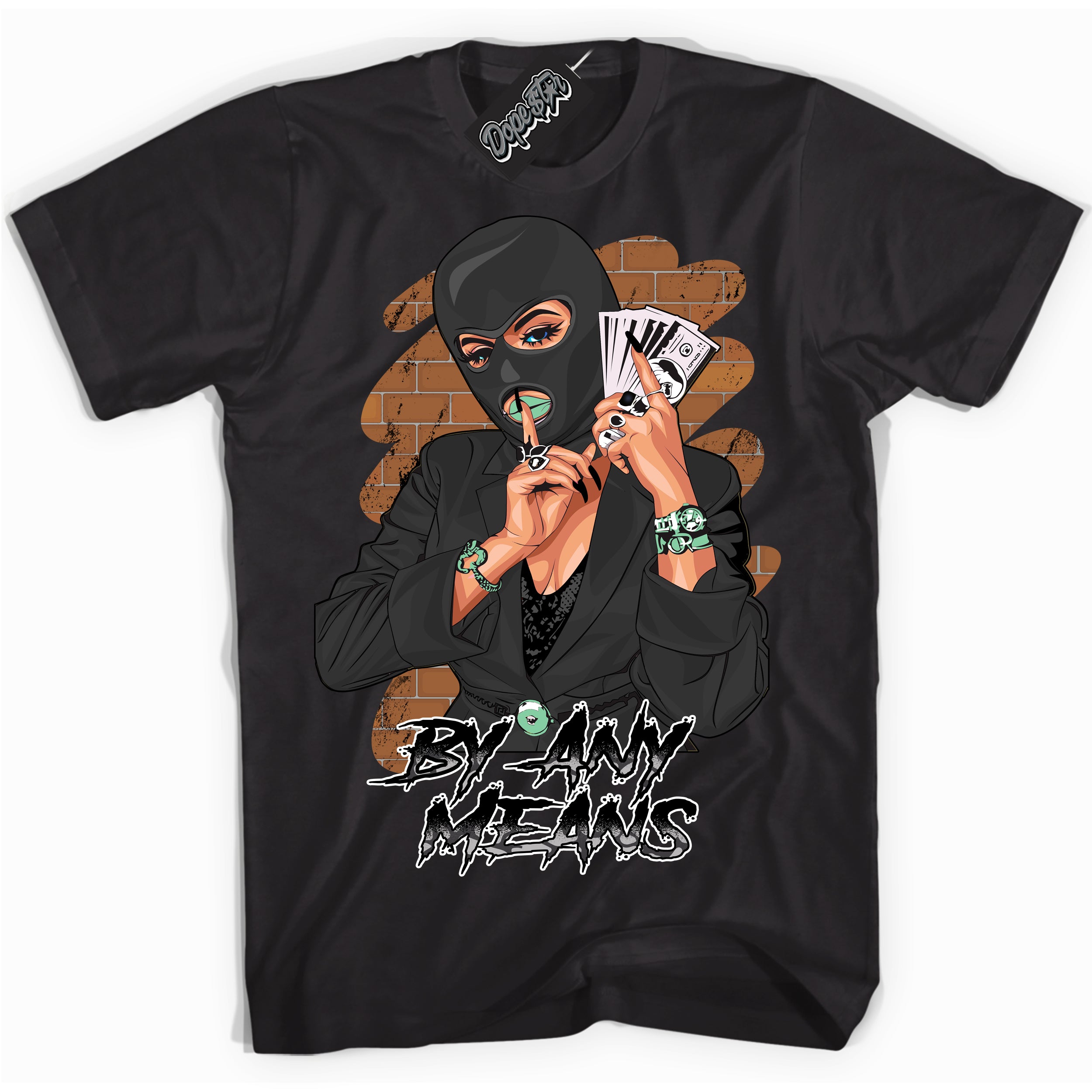Cool Black graphic tee with “ By Any Means ” design, that perfectly matches Green Glow 3s sneakers 