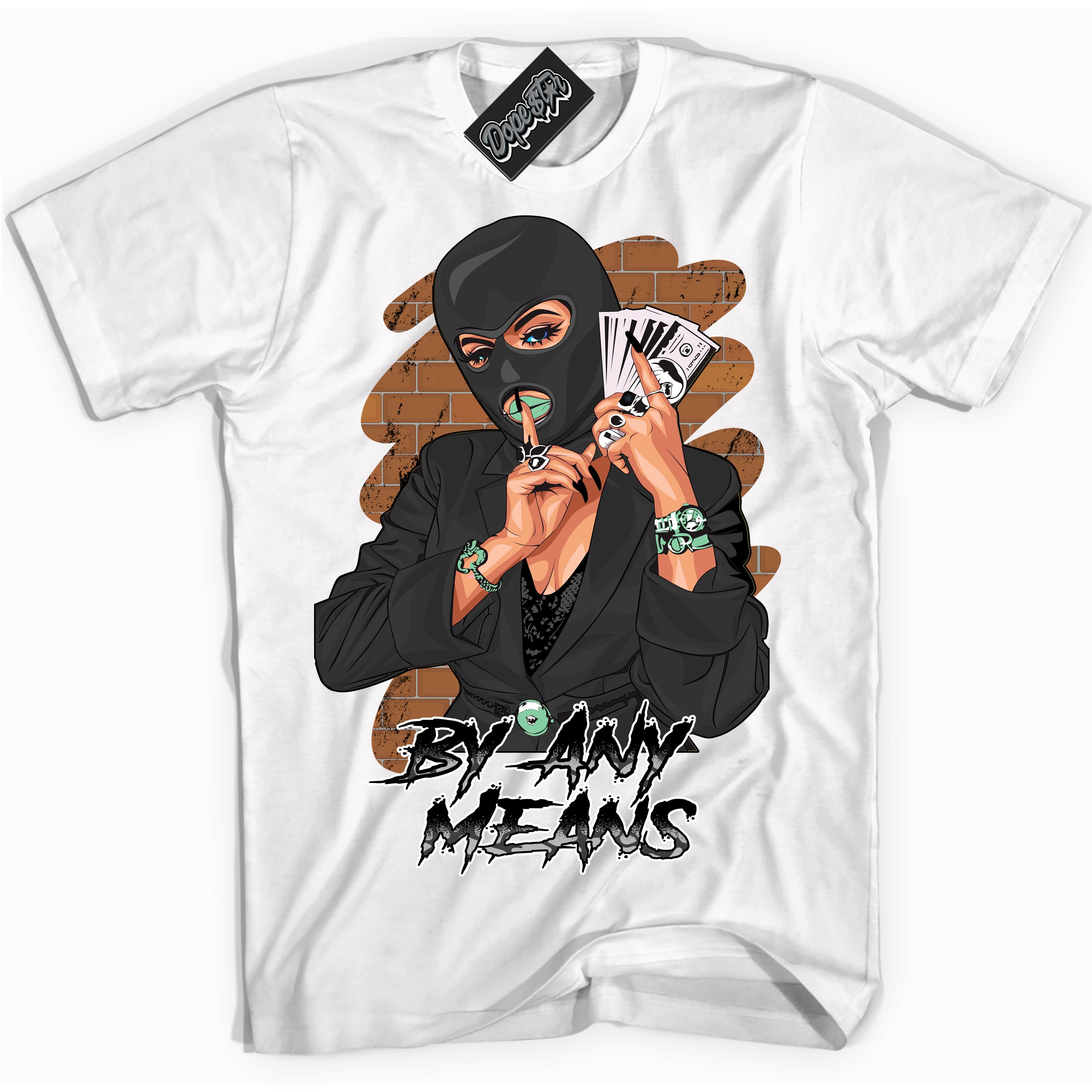 Cool White graphic tee with “ By Any Means ” design, that perfectly matches Green Glow 3s sneakers 