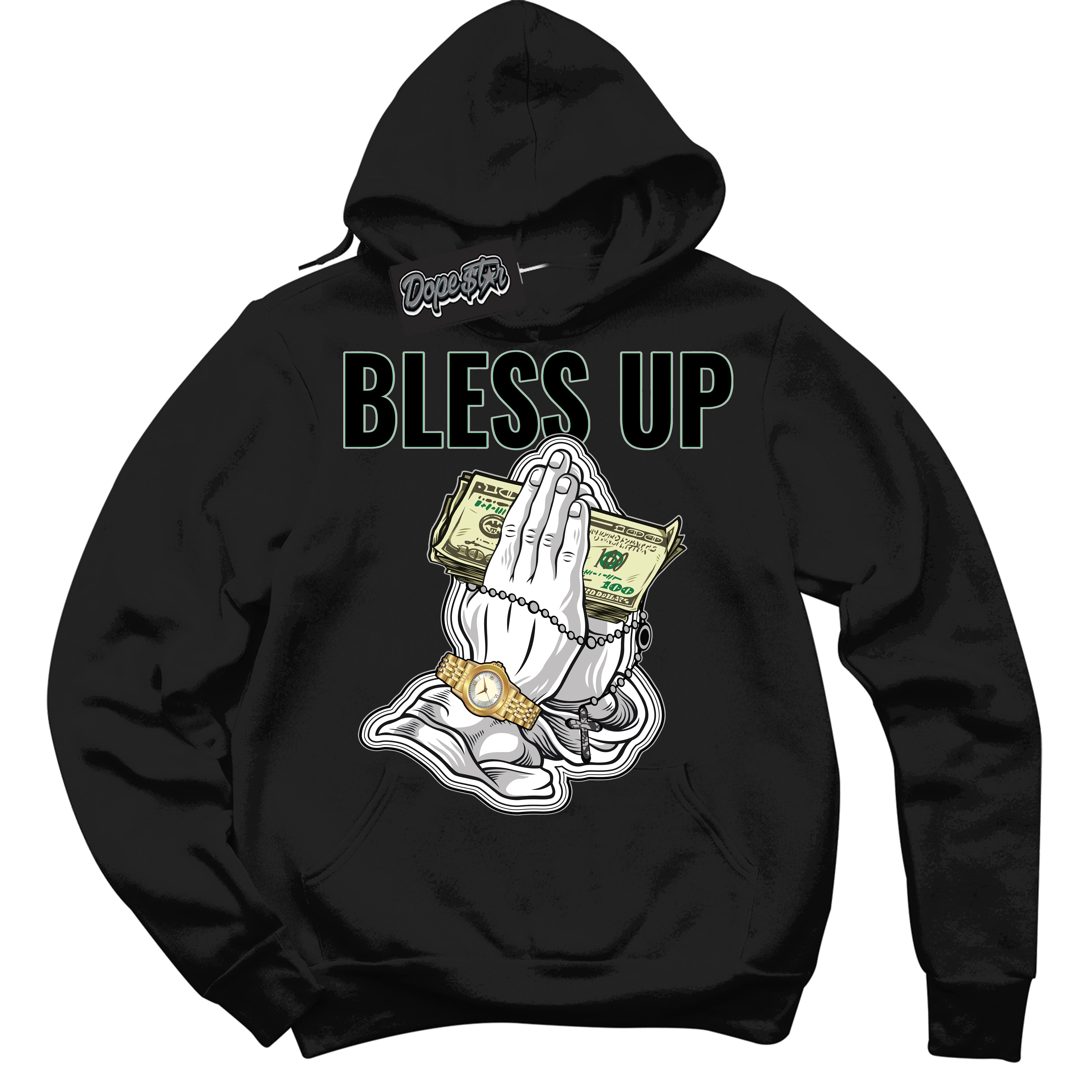 Cool Black Graphic DopeStar Hoodie with “ Bless Up “ print, that perfectly matches Green Glow 3S sneakers