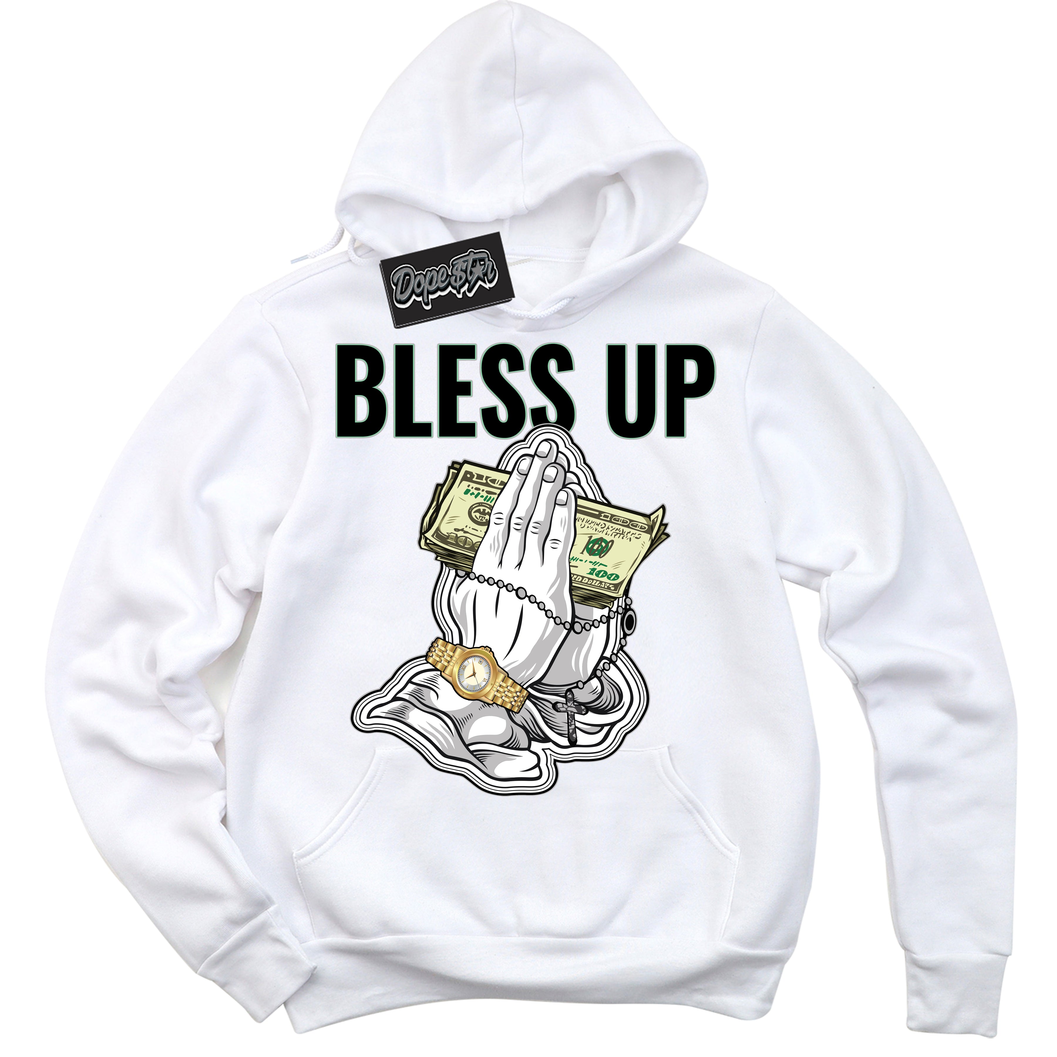 Cool White Graphic DopeStar Hoodie with “ Bless Up “ print, that perfectly matches Green Glow 3s sneakers