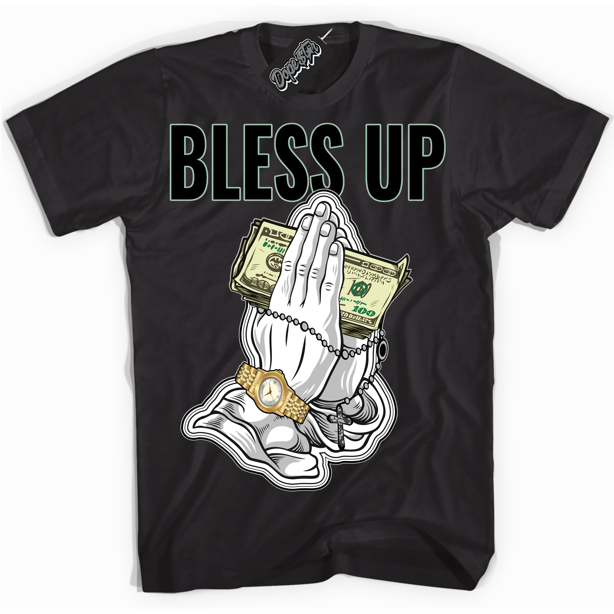 Cool Black graphic tee with “ Bless Up ” design, that perfectly matches Green Glow 3s sneakers 