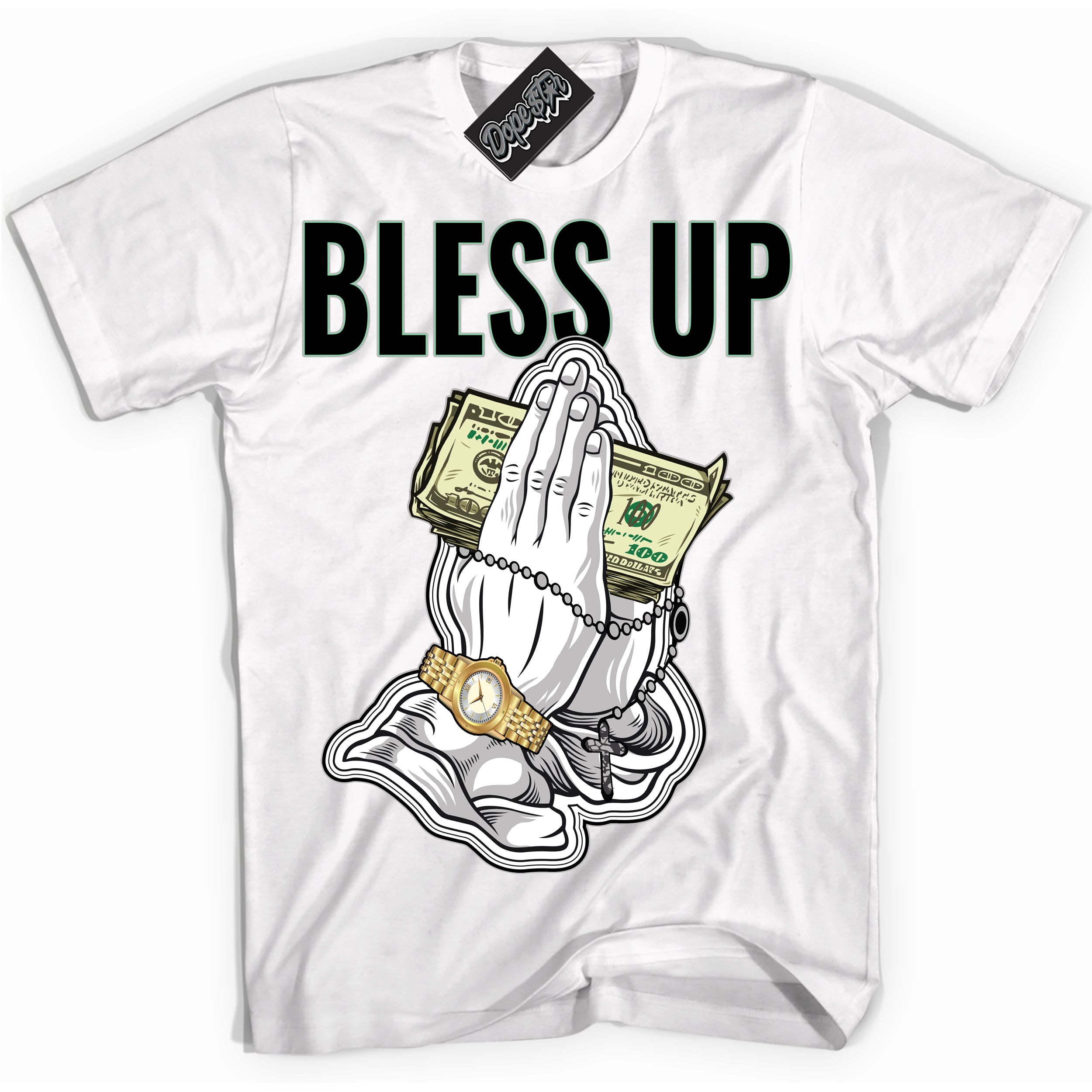 Cool White graphic tee with “ Bless Up ” design, that perfectly matches Green Glow 3s sneakers 