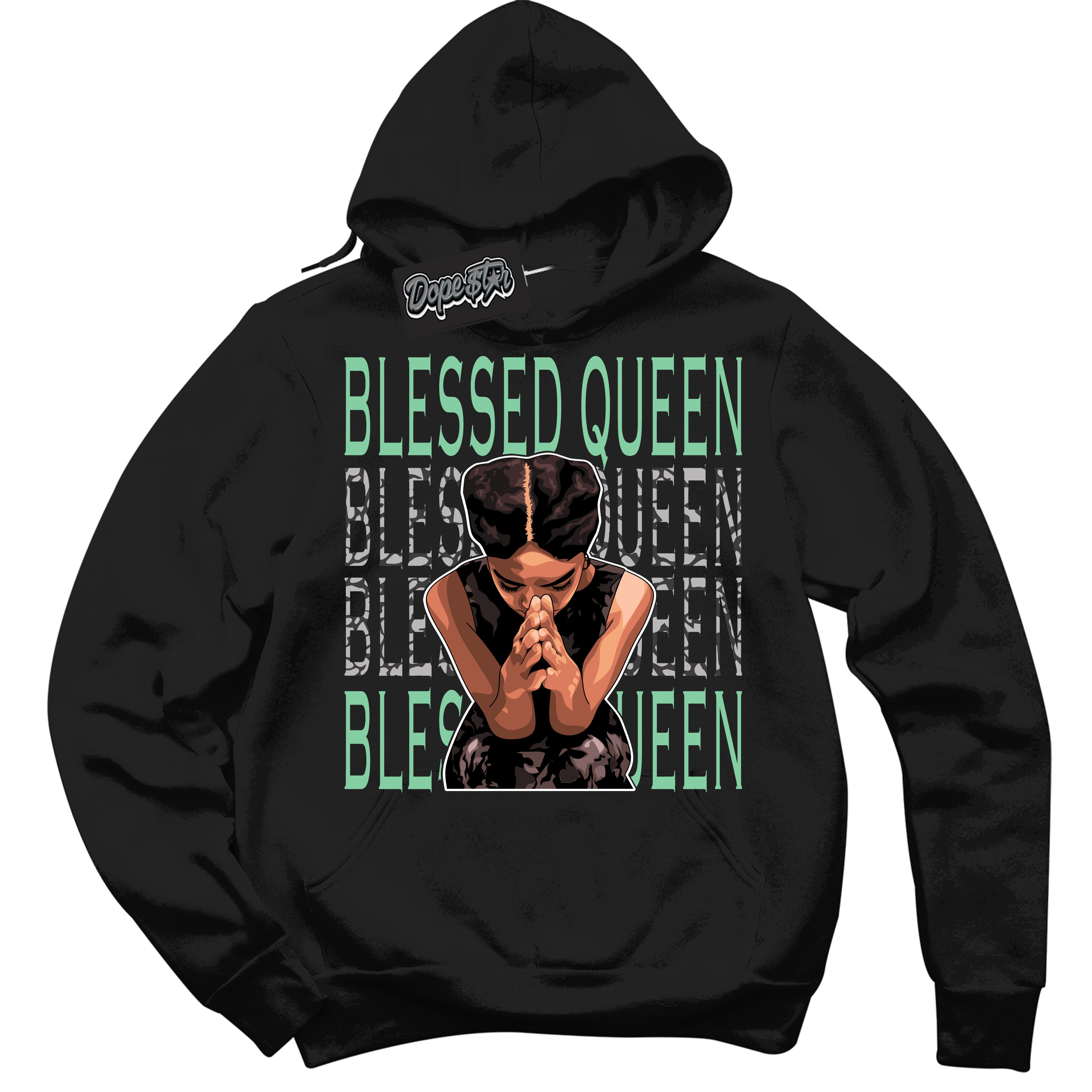 Cool Black Graphic DopeStar Hoodie with “ Blessed Queen “ print, that perfectly matches Green Glow 3S sneakers
